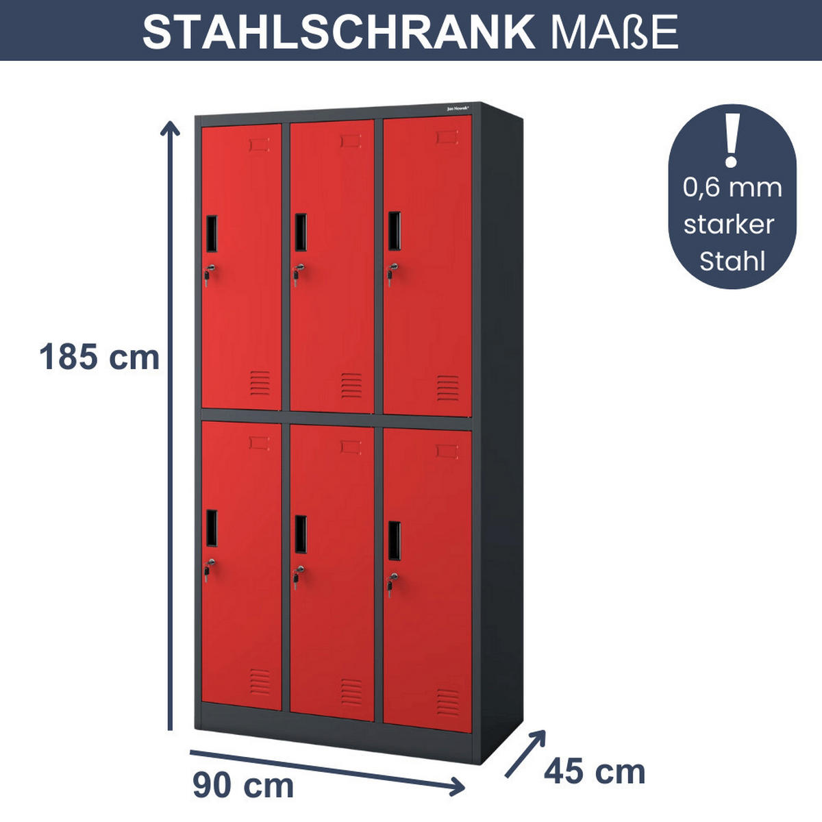 UMKLEIDESCHRANK Spind TOKIO 6 Abteile 185x90x45cm Anthrazit-Rot - Anthrazit, Metall (90/185/45cm) - DELUKE