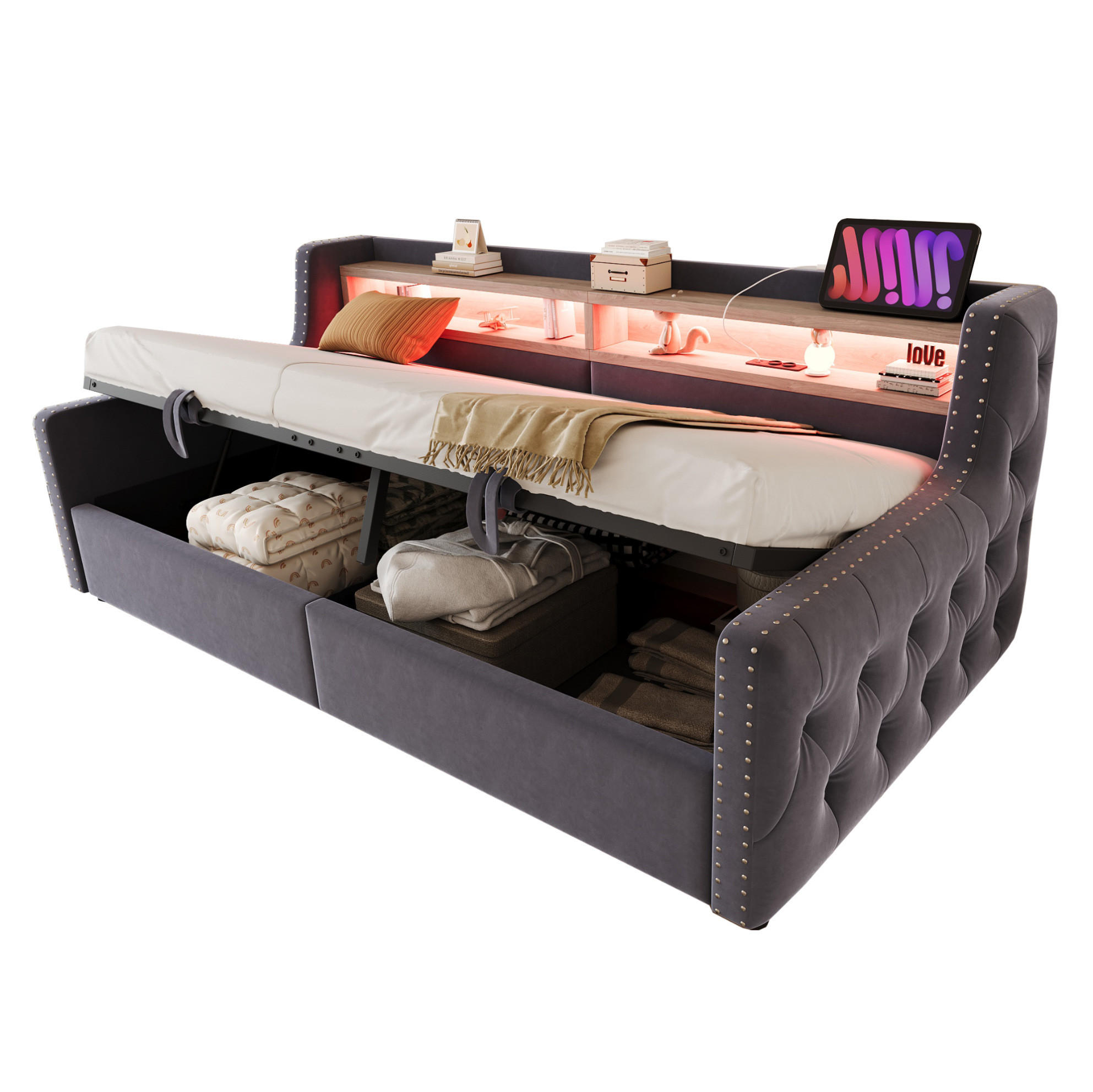 SCHLAFSOFA 90/200 cm mit LED, Stauraum, Ablage, Steckdose und USB-C, Samt mit Lattenrost, Dunkelgrau - Dunkelgrau, Textil (104/81/216cm) - Redom