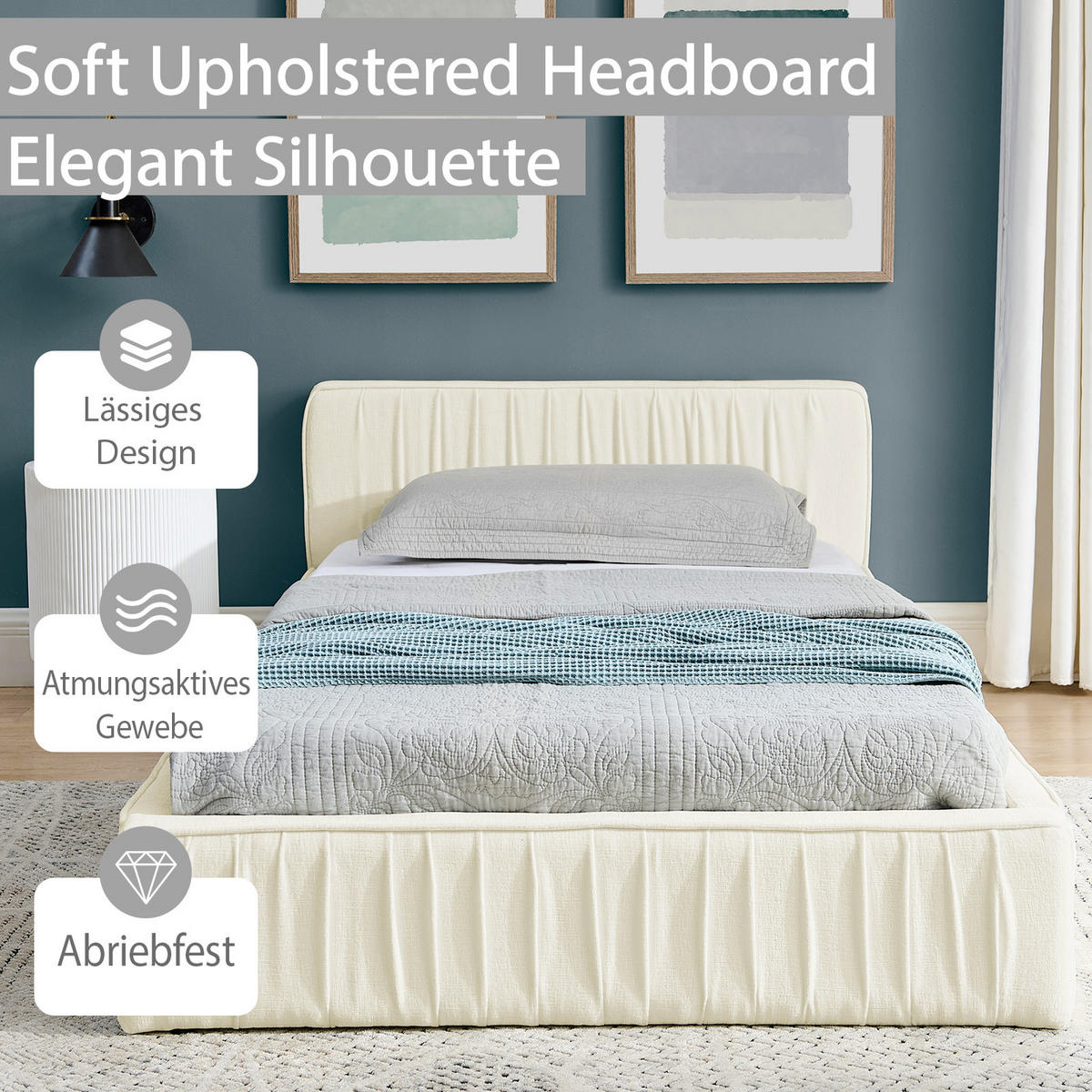 EINZELBETT 90x200 cm Chenille Holzrahmen beige - Beige, Kunststoff (90/200cm) - LEBENLANG