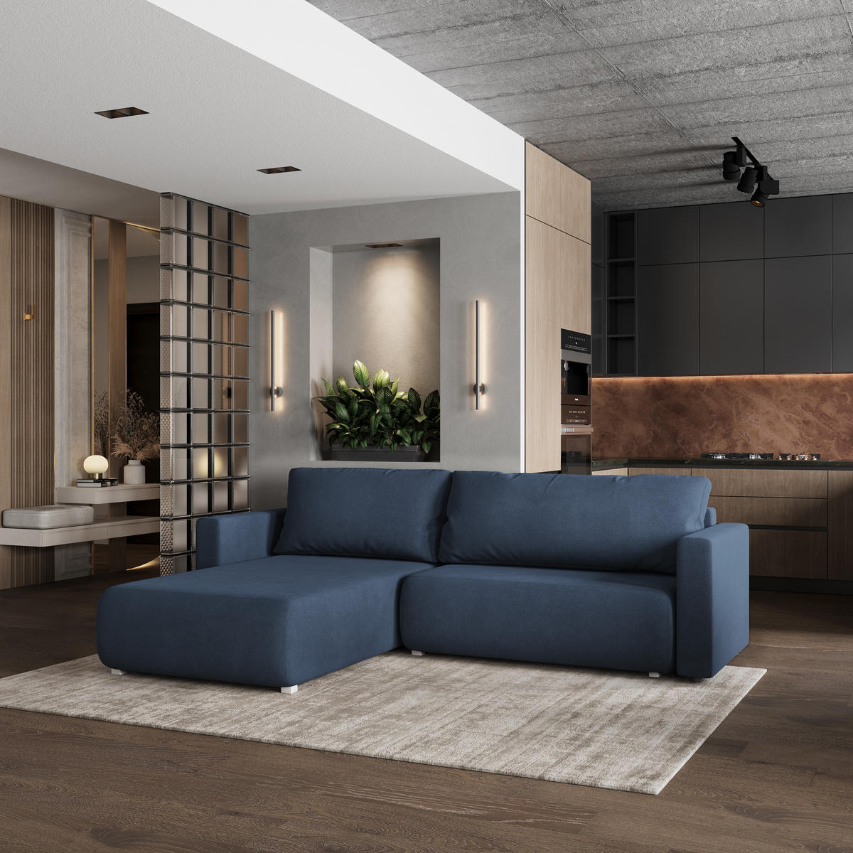 ECKSOFA TURIN Blau Geflochtener Stoff mit Schlaffunktion - Blau, Holz (265/183cm) - MASSENO