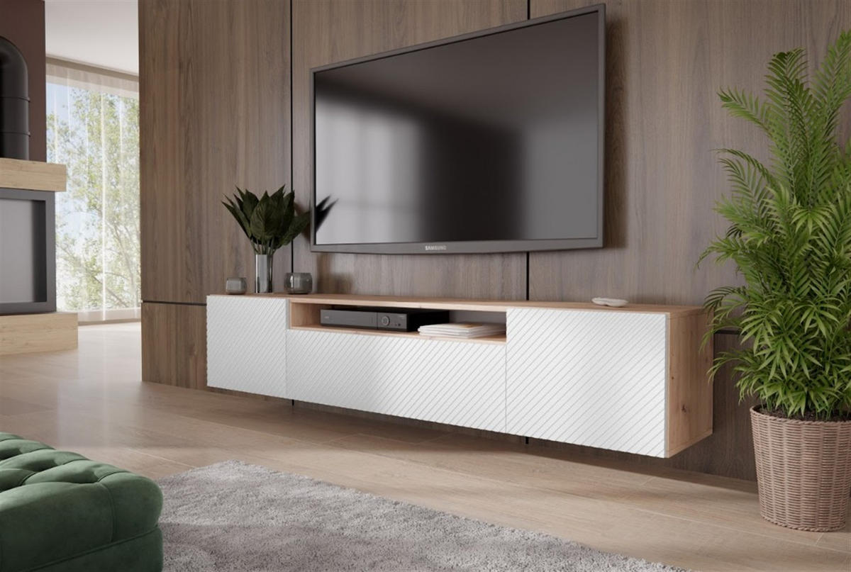 ZÁVĚSNÝ TV STOLEK CAVA, 200/41/40 cm, dub Artisan - bílá/dub artisan, kompozitní dřevo (200/41/40cm) - MASSENO