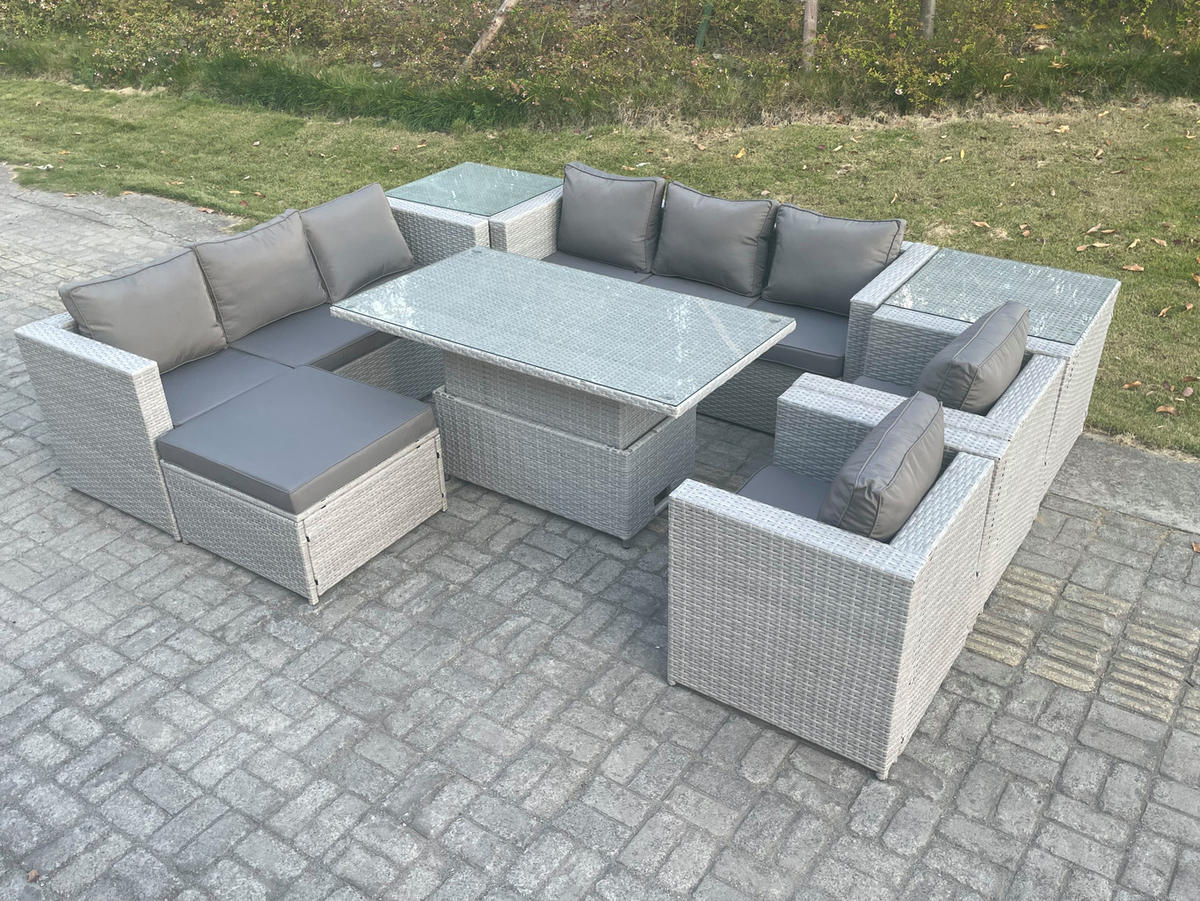 GARTENMÖBEL SET Polyrattan Helles Grau 9-Sitzer - Hellgrau, Metall - Fimous