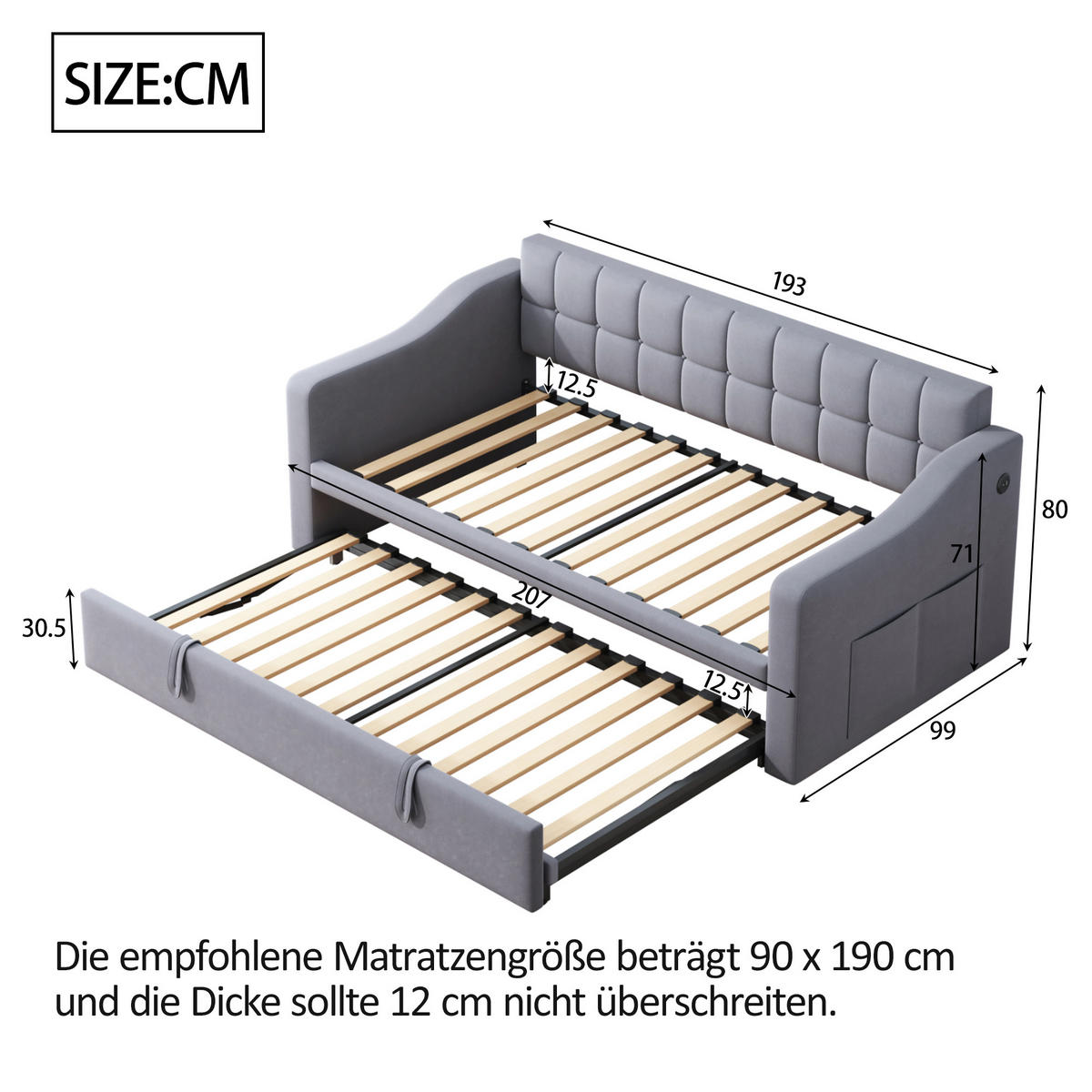 SCHLAFSOFA 90/190 cm & 180/190 cm in Grau Samt mit USB - Grau, Holzwerkstoff/Textil (90/190cm) - WISHDOR