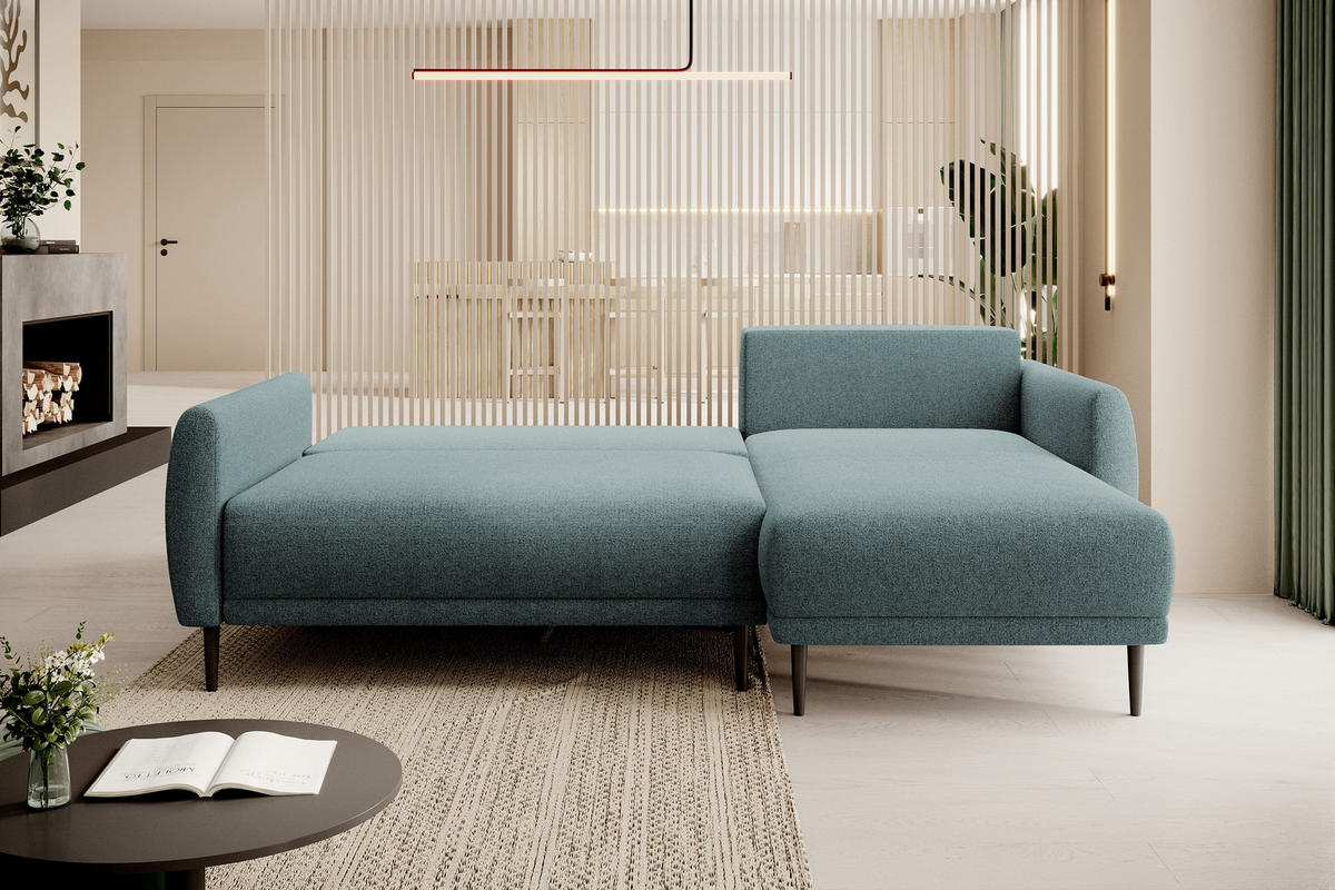 ECKSOFA Bono – Stilvolles Sofa mit Schlaffunktion, Robuste Holzfüße, Elegante Armlehnen, Tiefe Sitzfläche 226x164x88 cm – Rechte, Hellblau - Hellblau, Holz/Textil (226/164cm) - DomoHome