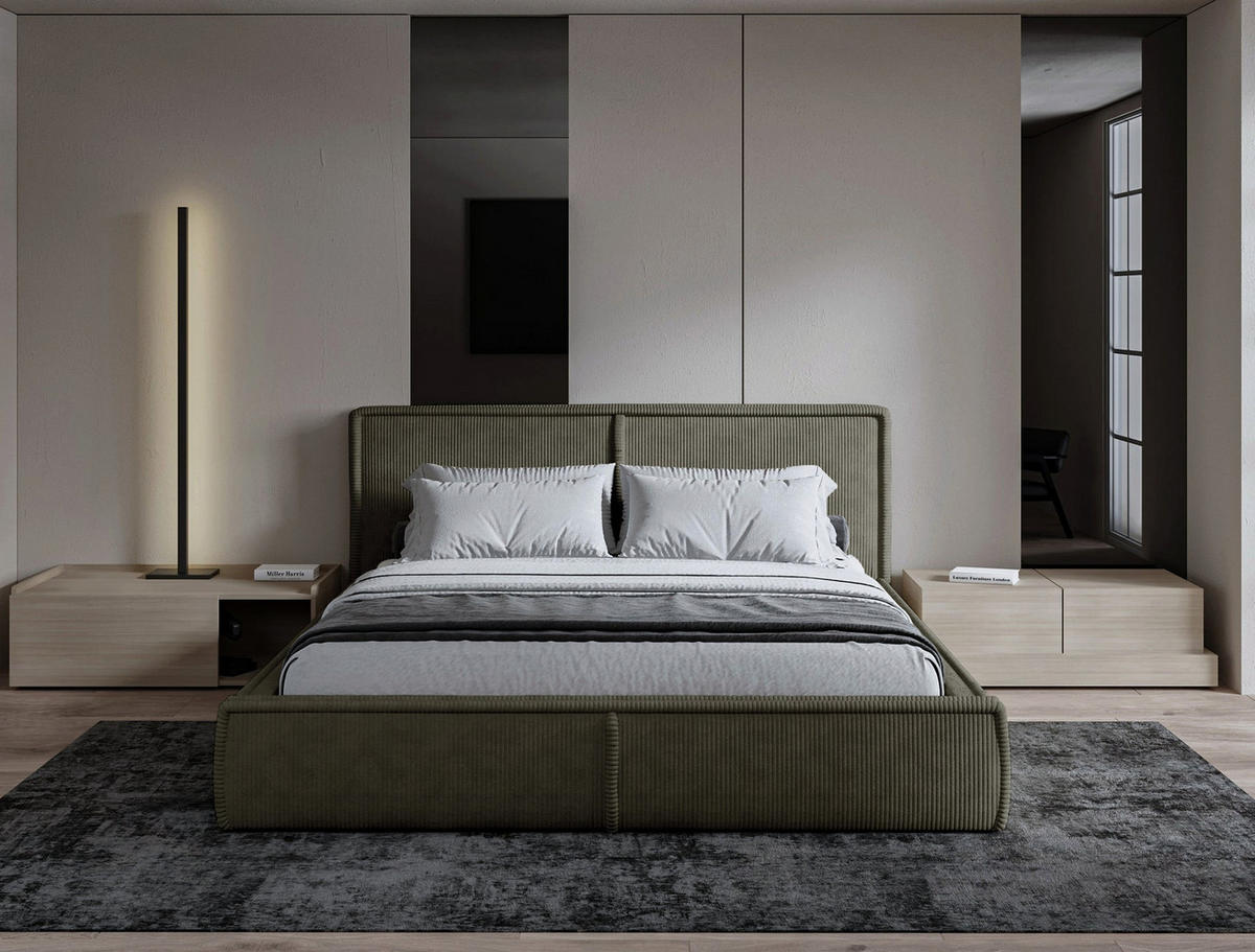 ČALOUNĚNÁ POSTEL Cordo Tmavě hnědý manšestr 160x200 cm - černá/olivově zelená, textil/plast (160/200cm) - Selsey