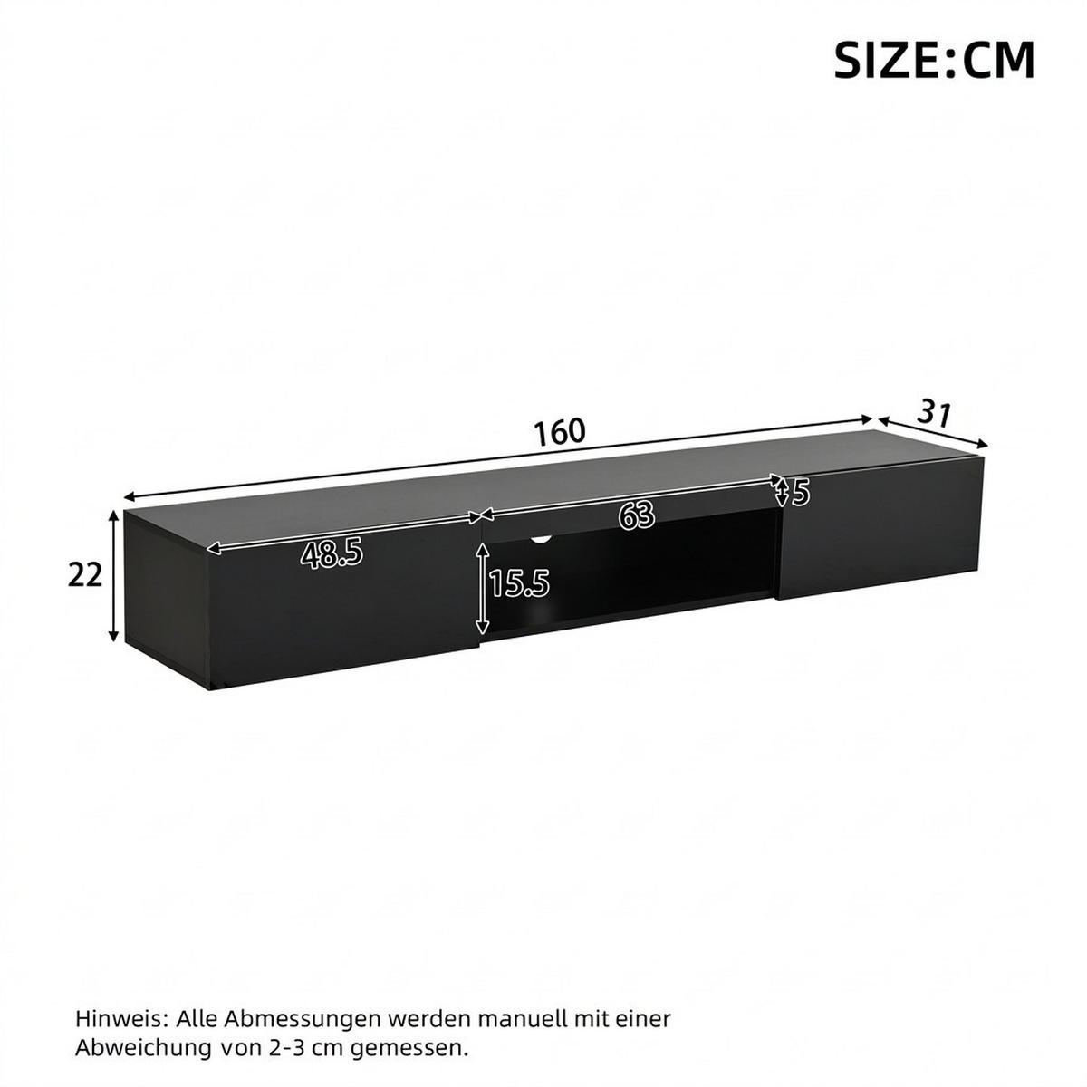 TV-SCHRANK 160/31/22 cm Schwarz Hochglanz mit LED und 2 Türen - Schwarz, Holzwerkstoff (160/22/31cm) - Oxeza