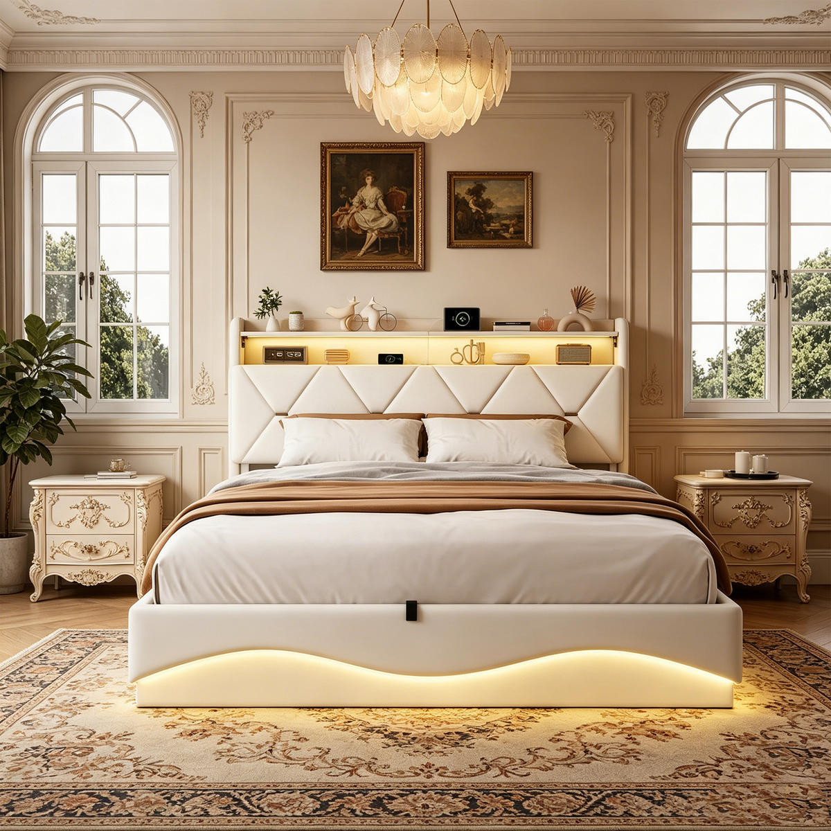 STAURAUMBETTEN 160 x 200, Doppelbett mit Bettkasten und Lattenrost, Kopfteil, LED, USB, Samt, beige - Beige, Holzwerkstoff/Textil (160/200cm) - GENKI LIVING
