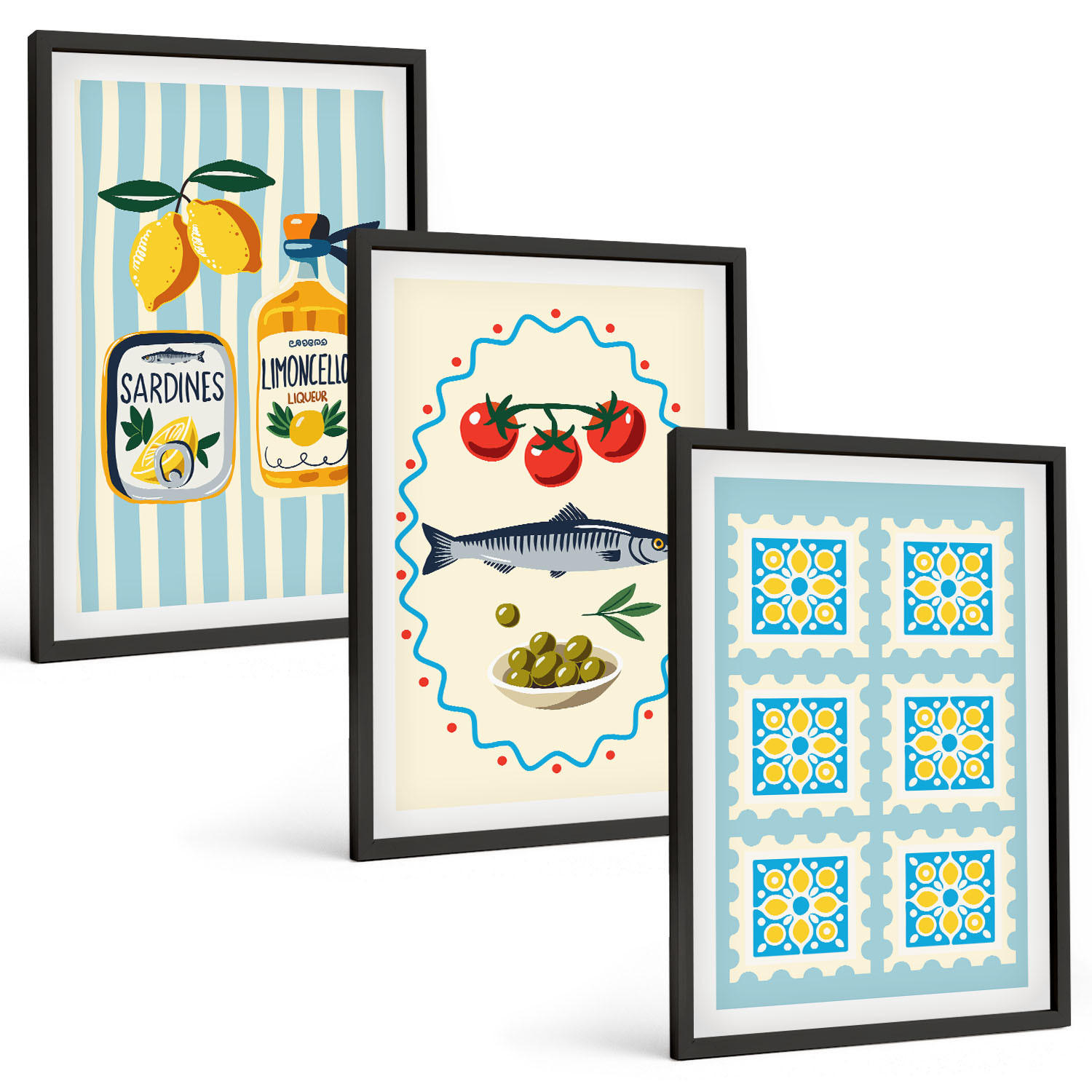 BILDER SET 3er Set - 40x60 cm Schwarzer Rahmen - Illustrationen von Küchen im mediterranen Stil - Schwarz, Kunststoff (40/60cm) - TULUP