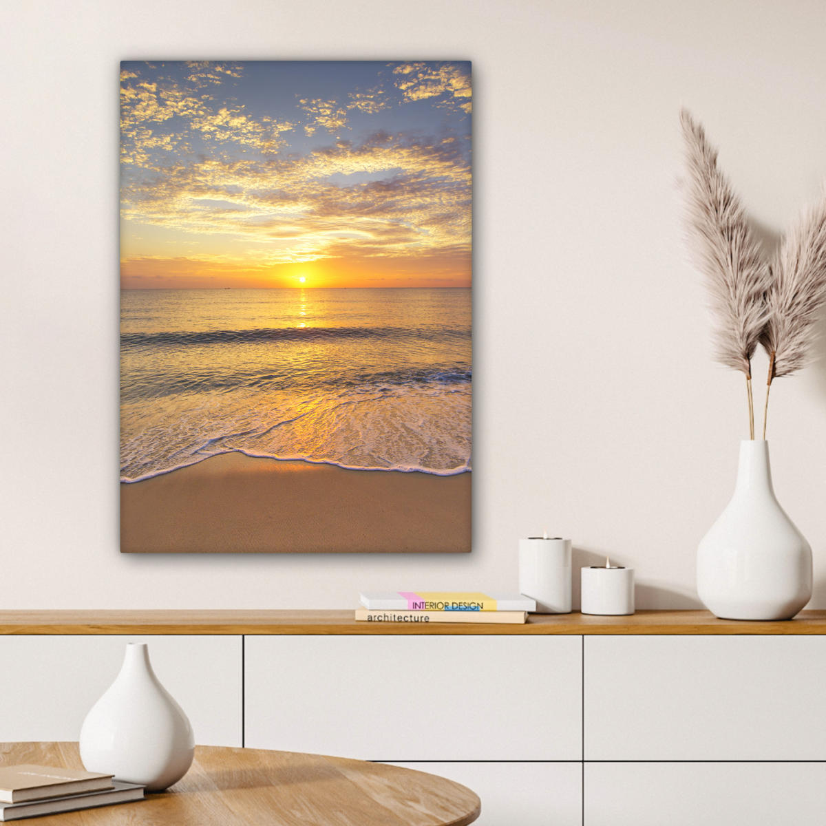 LEINWANDBILD Strand - Sonnenuntergang - Meer Wandbild Wohnzimmer 60x80 cm - Gelb, Textil (60/80cm) - MuchoWow