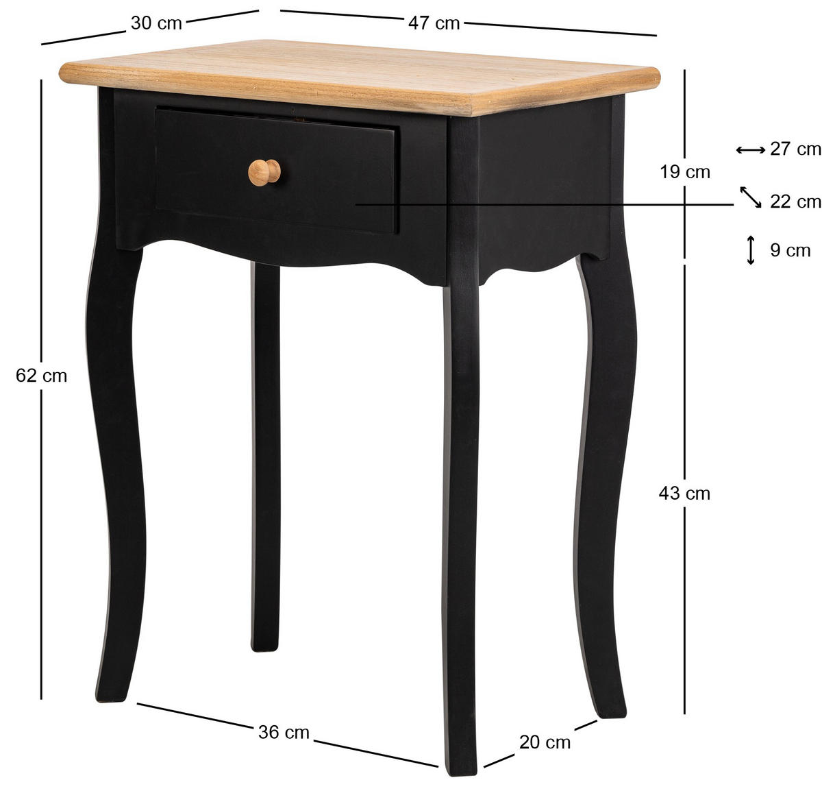 NACHTTISCH Rechteckig Schwarz 47 x 30 x 62 cm - Schwarz, Holz (47/62/30cm) - Nordlys