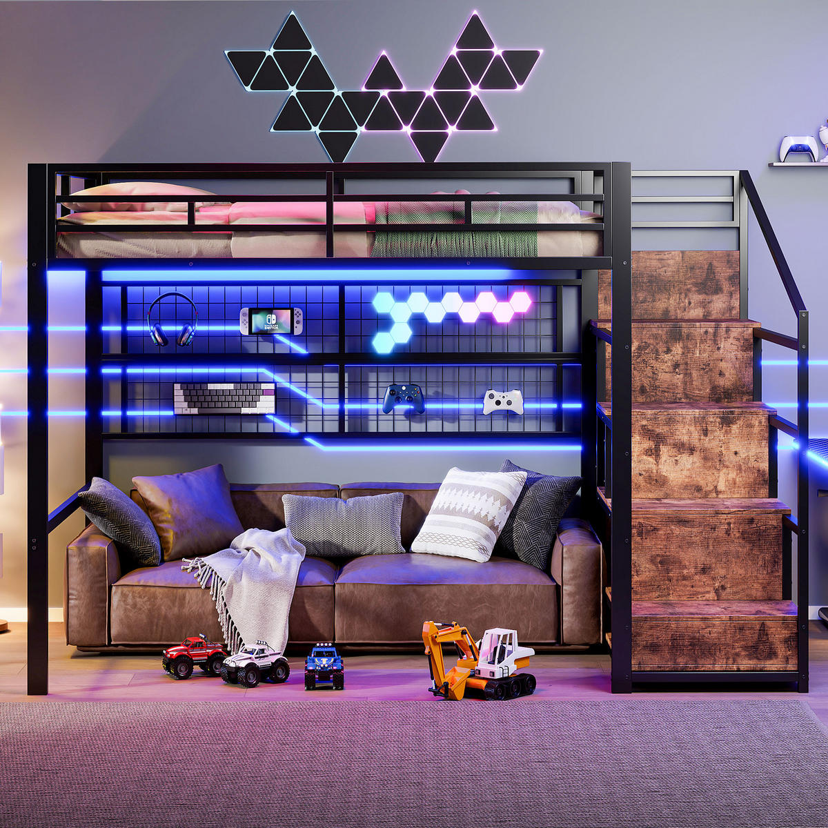 HOCHBETT 140x200cm Schwarz Metall Kleiderschrank LED-Licht - Schwarz, Metall (140/200cm) - FLIEKS