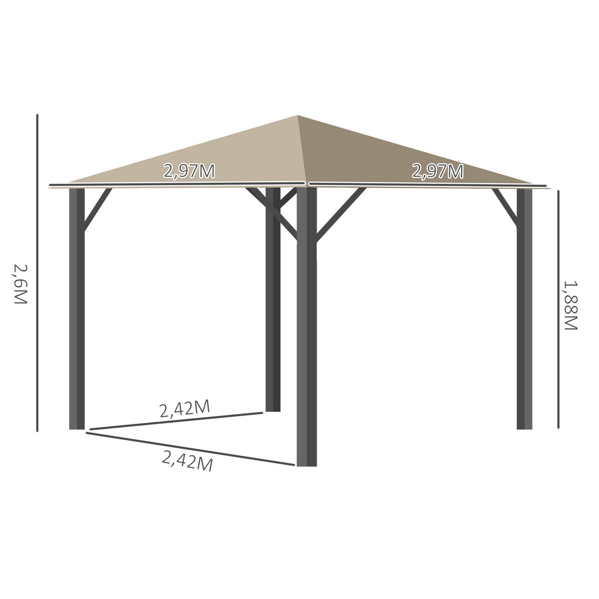 GARTENPAVILLON Pavillon 3 x 3 m mit Seitenteile Belüftungslöcher Alu khaki - Braun, Metall (2.97/2.6/2.97cm) - Outsunny