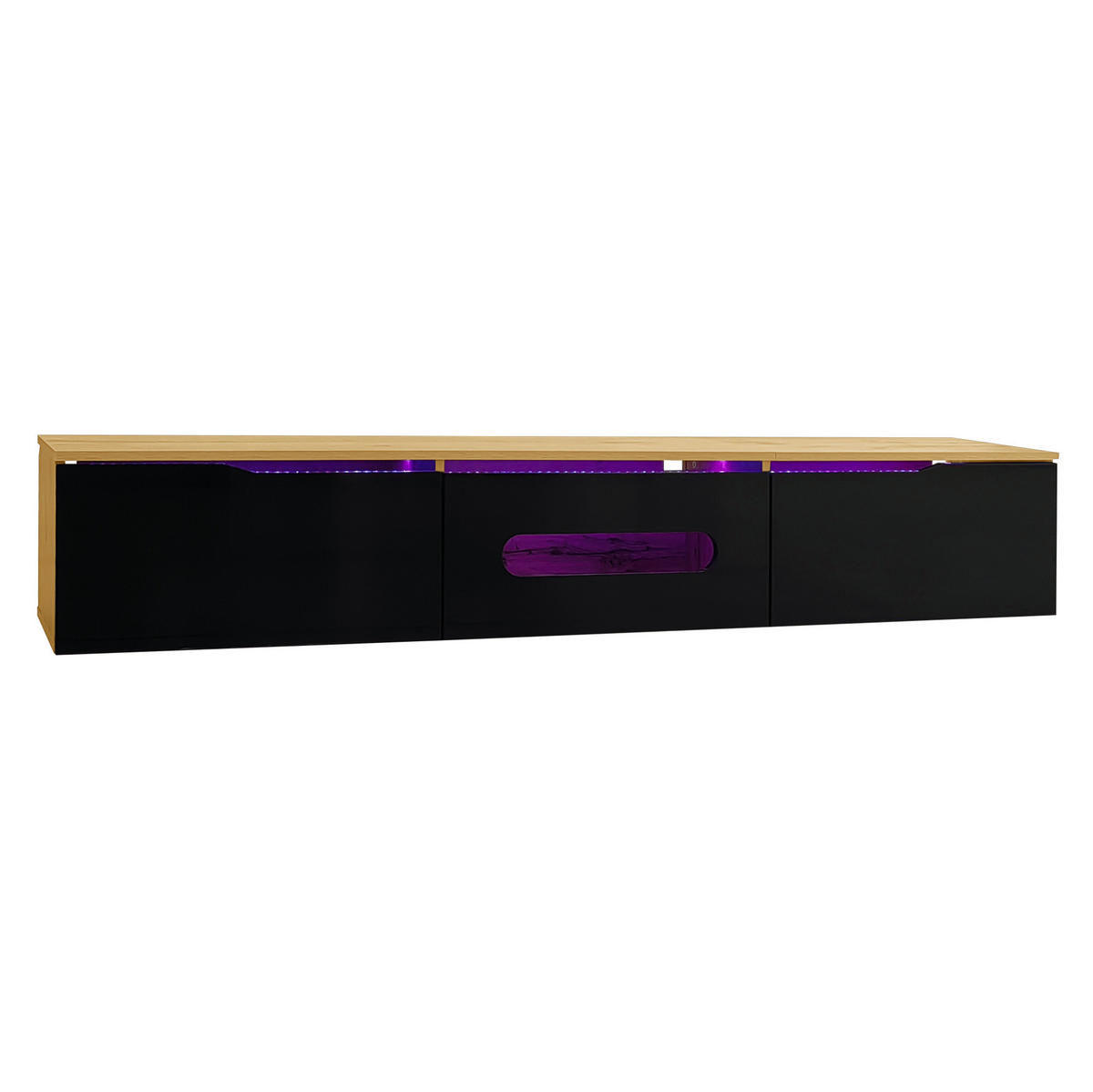 TV-LOWBOARD aus MDF und Spanplatte 180x35x30 cm Schwarz und Holzfarbe mit LED-Beleuchtung, Soft-Close und Wandmontage - Schwarz, Holzwerkstoff (180/30/35cm) - Modfu