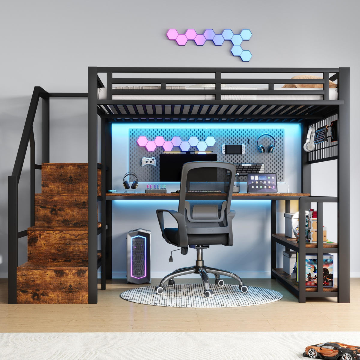 HOCHBETT 140/200 cm in Schwarz mit Schreibtisch, Stauraum und LED-Beleuchtung - Schwarz, Metall (140/200cm) - Flora Grace
