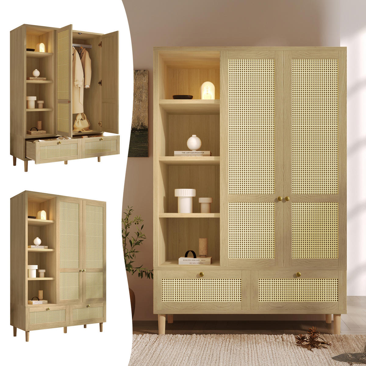 KLEIDERSCHRANK 50/120/180 cm eichefarben aus MDF, Massivholz und Metall mit Rattangeflecht - Eichefarben, Holz (120/180/50cm) - OKWISH