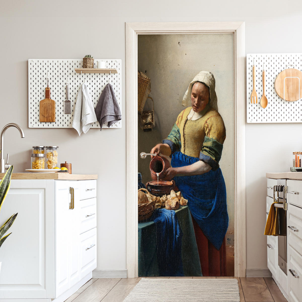 TÜRAUFKLEBER Das Milchmädchen - Johannes Vermeer Deko Schlafzimmer 95x215 cm - Türtapete - Dunkelblau, Kunststoff (95/0.1cm) - MuchoWow