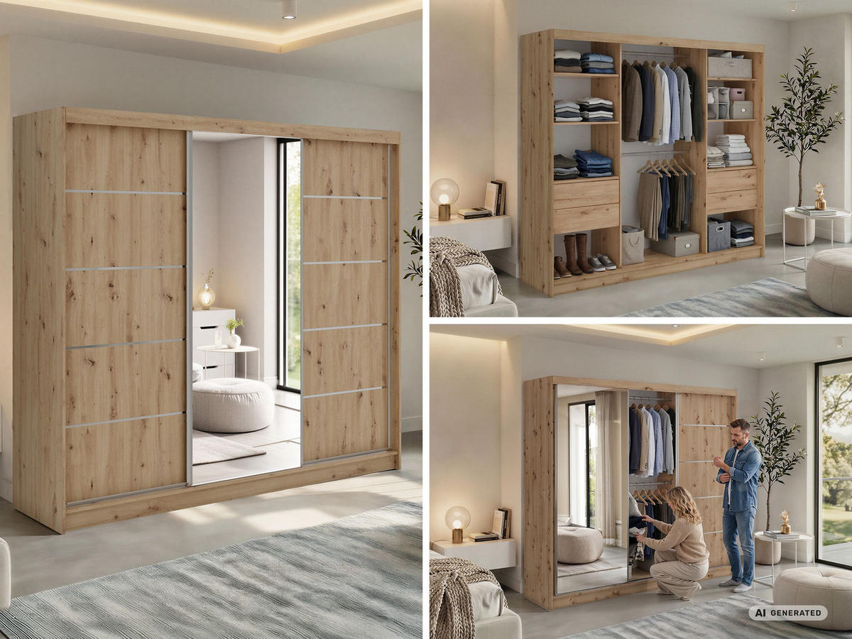 SCHWEBETÜRENSCHRANK mit Schubladen 240 - SKORIA - Eiche Artisan mit Spiegel - Alufarben/Eiche Artisan, Holzwerkstoff/Metall (240/216/61cm) - MKS