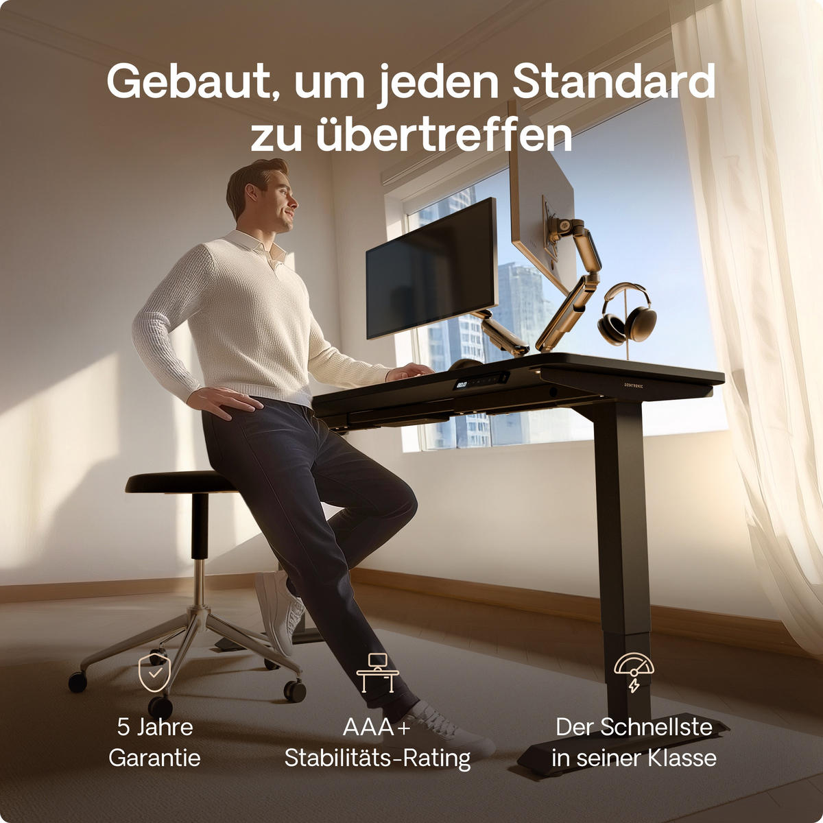 SCHREIBTISCH Elektrisch Höhenverstellbarer HomePro 140x70cm Schwarz/Schwarz mit Memory-Funktion, Anti-Kollisions Technologie - Schwarz, Holzwerkstoff (70/140/62cm) - Desktronic