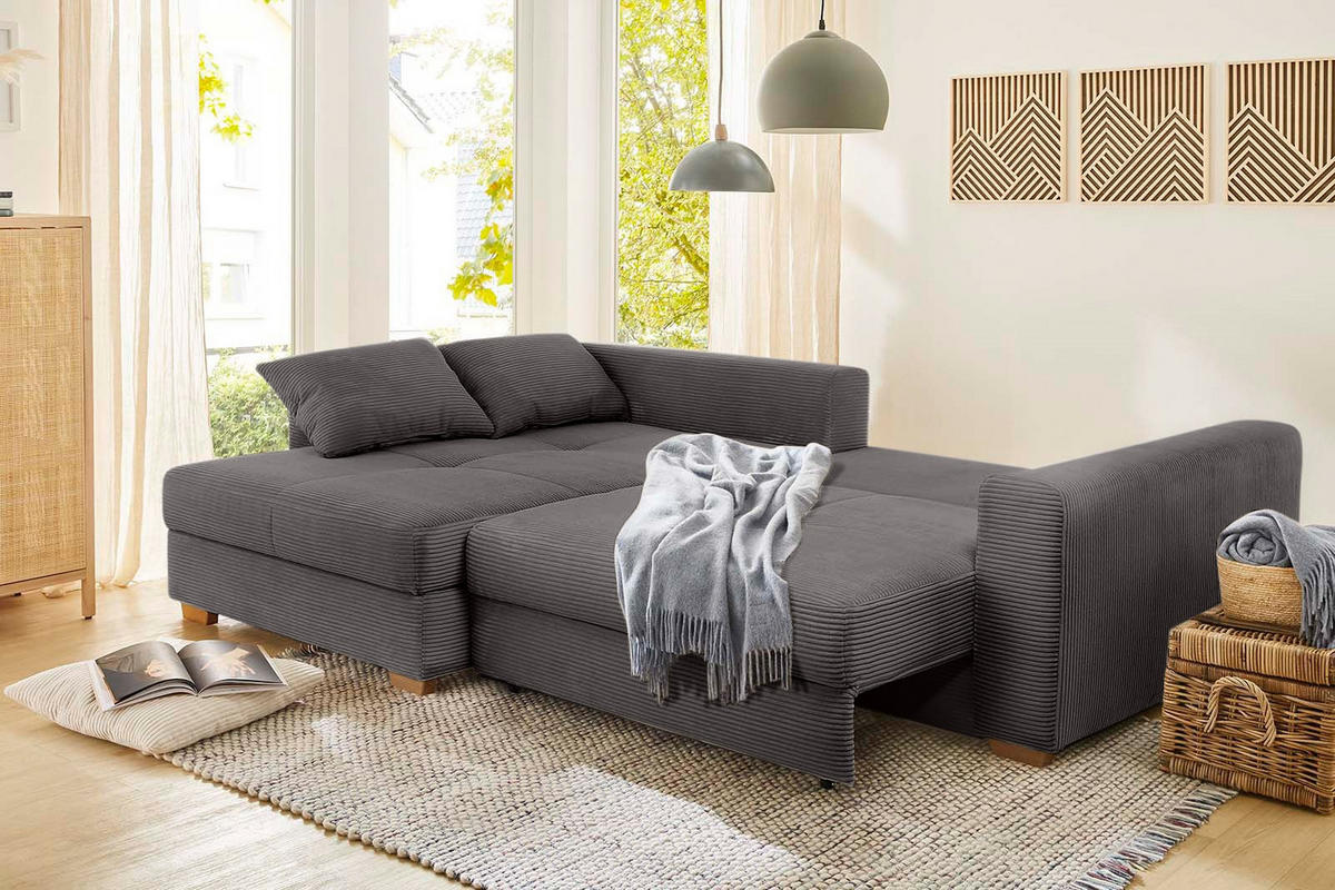ECKSOFA-DAUERSCHLÄFER Federkern Bettkasten, seitenverkehrt montierbar B288/T186/H86 cm, Liegefl. 153x245 cm, Cord Grau Anthrazit / 15153 - Schieferfarben/Eichefarben, Holz/Textil (288/186cm) - luma-home