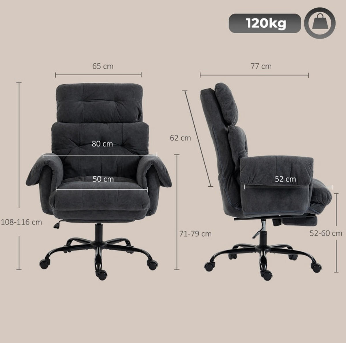 BÜROSTUHL in Dunkelgrau 77x80x116 cm mit verstellbarer Rückenlehne und Fußstütze - Dunkelgrau, Metall (80/116/77cm) - IVMEU