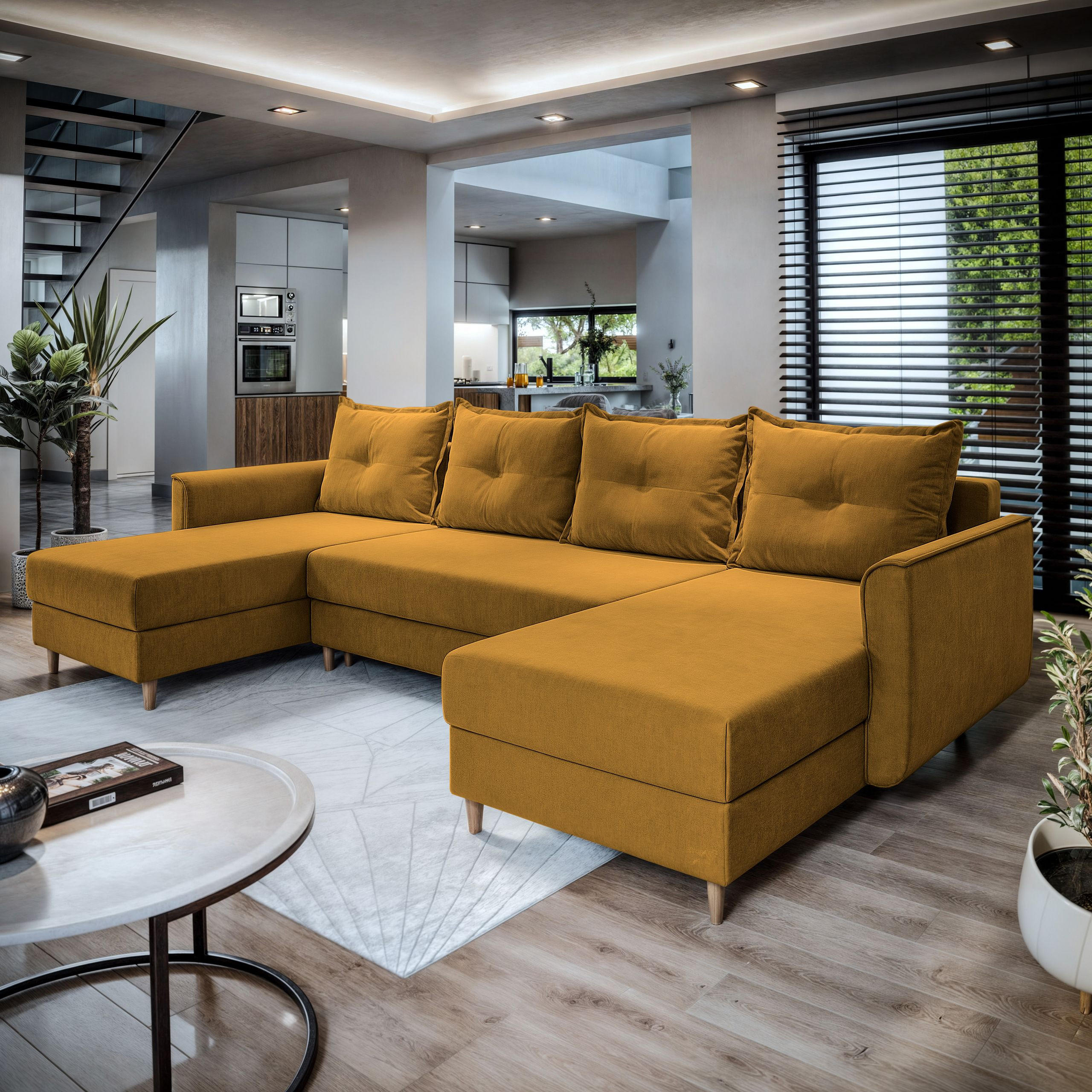 WOHNLANDSCHAFT VERNI Gelb Plüsch-Stoff mit Schlaffunktion - Gelb, Holz (285/91/143cm) - MASSENO