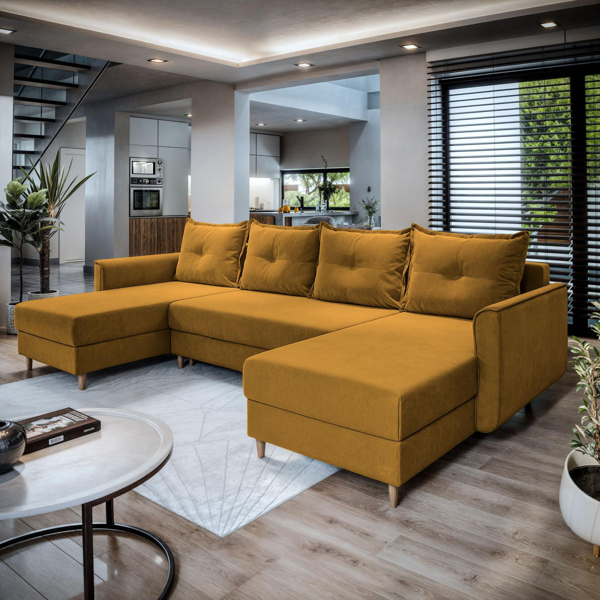 WOHNLANDSCHAFT VERNI Gelb Plüsch-Stoff mit Schlaffunktion - Gelb, Holz (285/91/143cm) - MASSENO