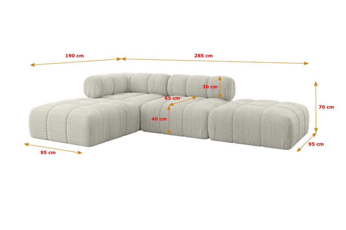 ECKSOFA modulares Sofa Kerru-L1 - 285x190x70 cm Creme Cord - Hellgrau/Creme, Holzwerkstoff/Textil (285/190cm) - ALTDECOR