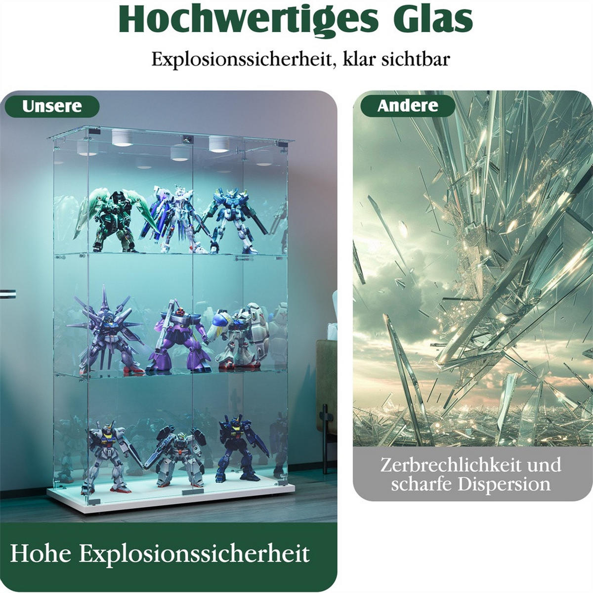 VITRINE - Glasvitrine mit 2 Türen und 3 Ebenen - integrierte LED-Spot-Beleuchtung - Weißer Holzboden - Weiß, Glas (78.5/123.3/35cm) - DELFA