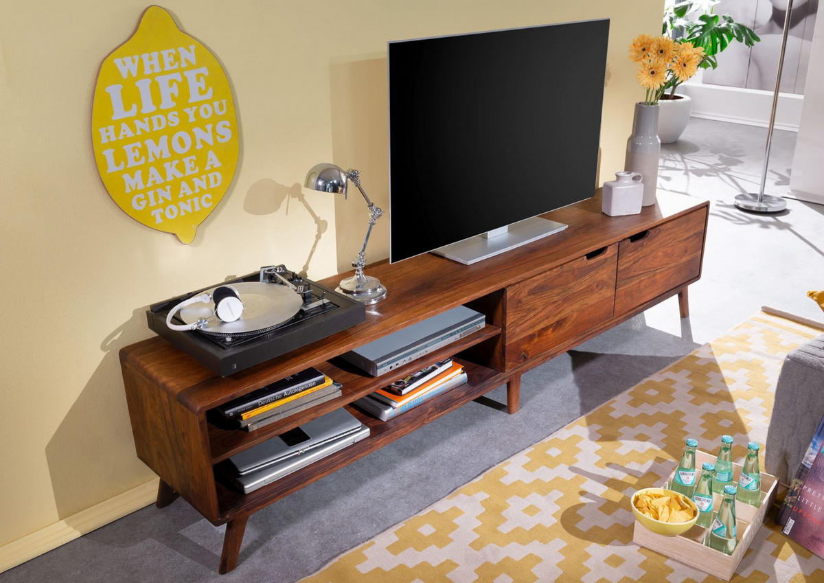 TV-BOARD Sheesham 220x40x48 walnuss gewachst MALMÖ 2 #125 - Dunkelbraun, Holz (220/48/40cm) - Massivmoebel24