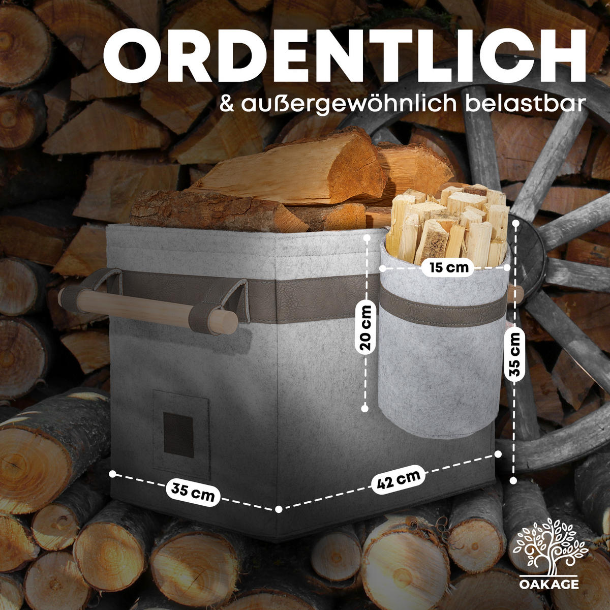KAMINHOLZKORB Classic Duo 2er-Set Filz mit Metallrahmen für Zusatzstabilität 42/32/35 cm - Grau, Textil (32/35/42cm) - OAKAGE
