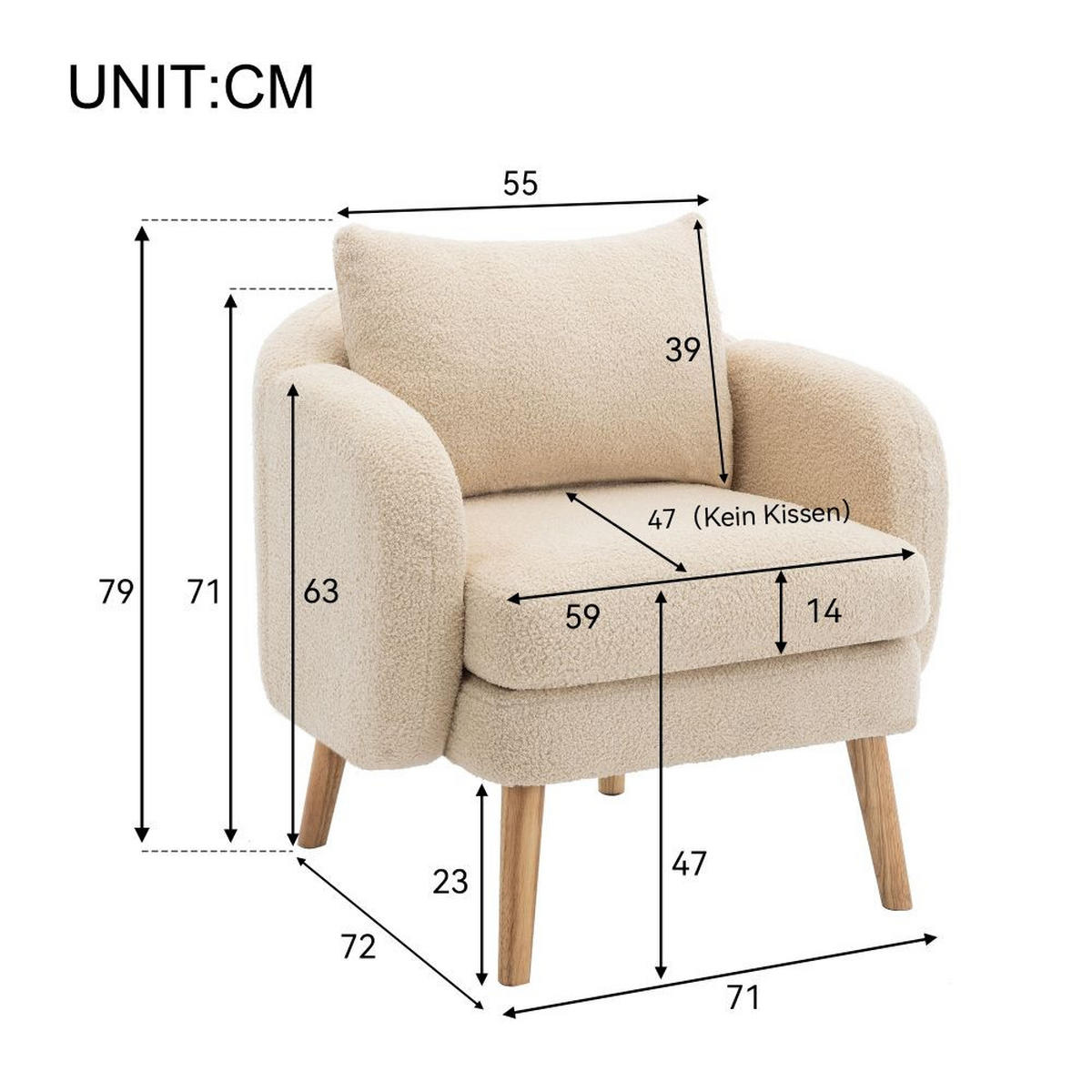 POLSTERSESSEL in Beige Teddy-Samt with Massivholz-Beinstuhl - Beige, Textil (72/79/71cm) - KOMHTOM