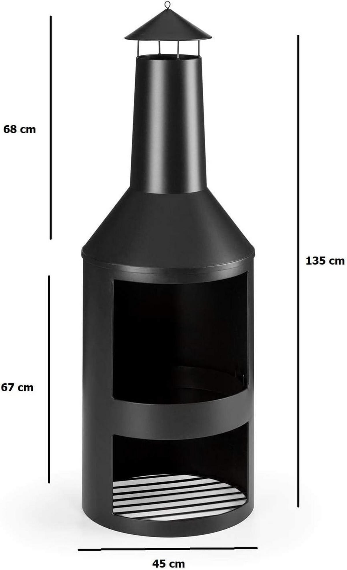 TERRASSENKAMIN – 502594 Gartenkamin 135 cm mit Funkenfluggitter, Schornstein & Schürhaken, Pulverbeschichtet, Hitzebeständig, Rostfrei, Stabiler Stand - Schwarz, Metall (45/135/45cm) - Resch