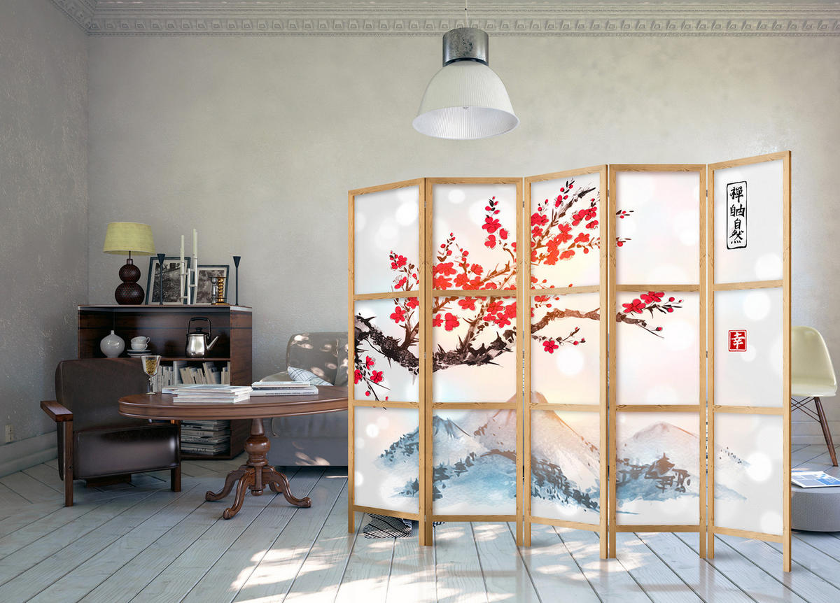PARAVÁN Japonský 5-dielny 225x172 cm Sakura Vrch Fudži - viacfarebná, drevo/textil (225/172/3cm) - Muralo