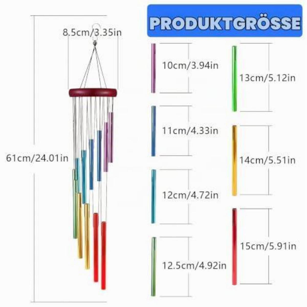 WINDSPIEL 2-teiliges Set Aluminiumrohr Regenbogenfarben 61 cm - Multicolor, Metall (61/8.5/1cm)
