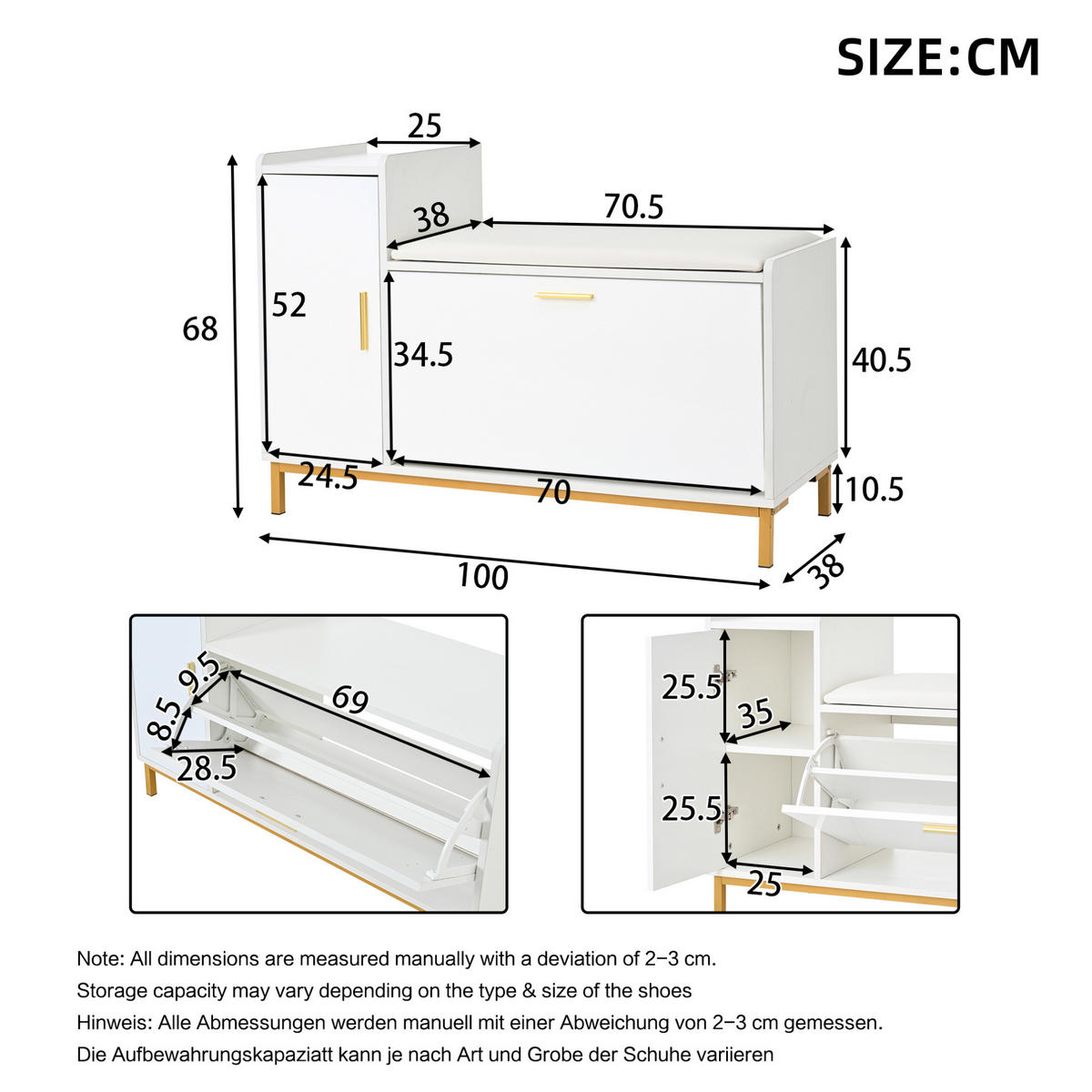 SCHUHSCHRANK 100/68/38 cm Weiß/Gold aus Spanplatte und Metall mit Sitzkissen - Weiß, Holzwerkstoff (100/68/38cm) - OKMYHOME