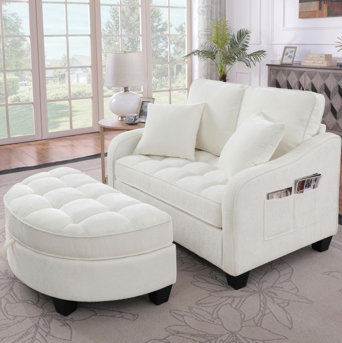 SCHLAFSOFA 132/129/93 cm aus Eukalyptusholz mit Aufbewahrungshocker Beige - Beige, Holz (129/93/132cm) - Modenvie