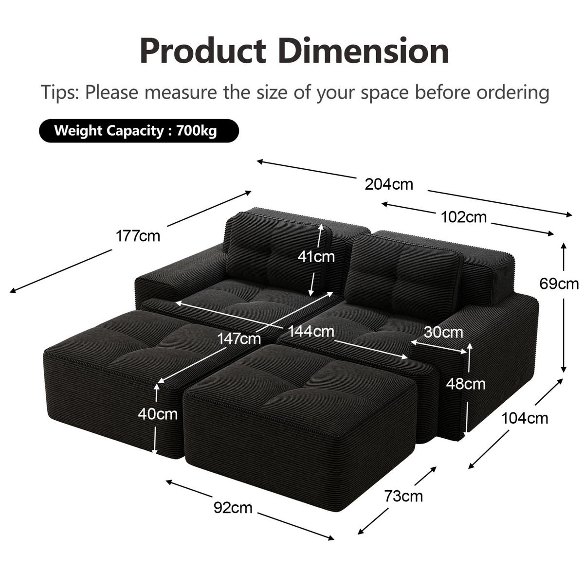2-SITZER Sofa mit 74 cm Tiefsitz, bodennahes Design, Cordbezug und montagefrei, Schwarz - Schwarz, Textil (204/69/177cm) - Redom