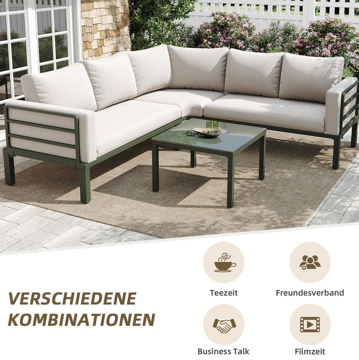 GARTENMÖBEL-SET aus Eisen mit Couchtisch aus gehärtetem Glas, 4-5 Sitzer, 114/60/70,5 cm, Beige - Beige, Metall - Redom
