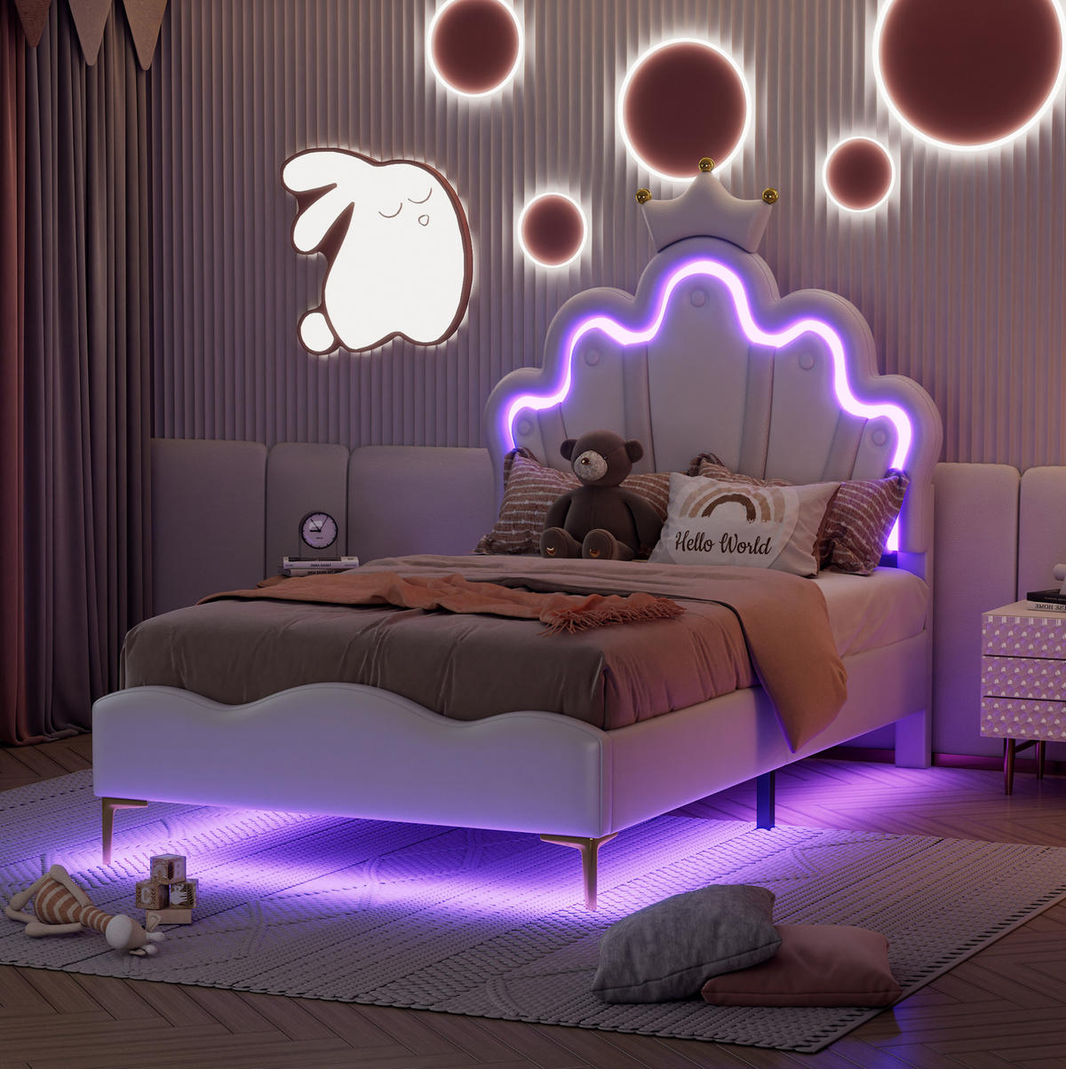 DETSKÁ posteľ 90/200 cm biela s LED osvetlením a nastaviteľnou výškou z PU kože a MDF - biela, plast (90/200cm) - OKWISH