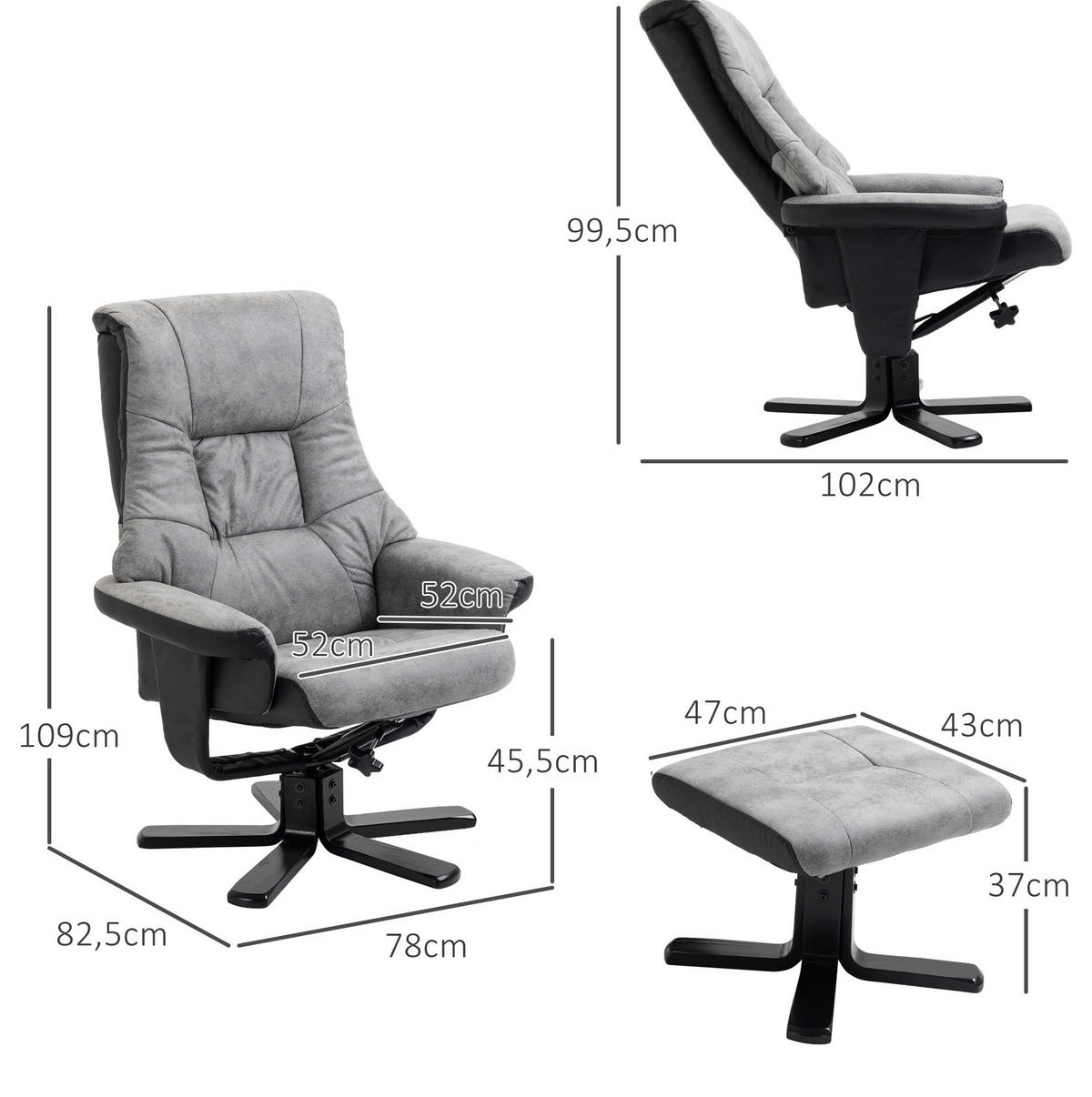 RELAXSESSEL 78/82,5/109 cm mit 360°-Drehfunktion und Fußteil - Grau, Textil (82.5/109/78cm) - BEAOK