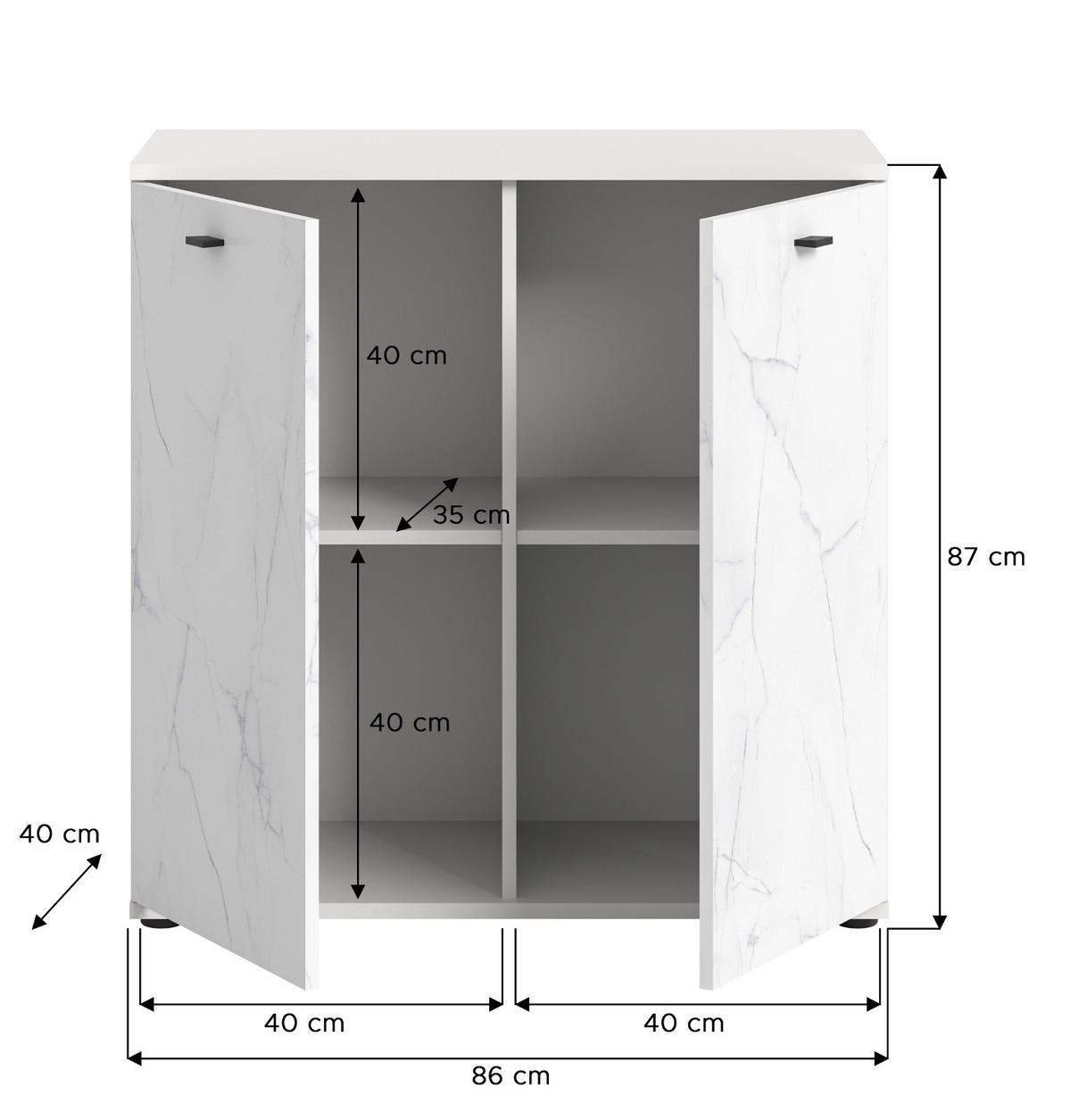 KOMMODE weiß Marmor 86 x 88 cm, Sideboard mit Soft-Close - Schwarz/Weiß, Holzwerkstoff/Kunststoff (86/87/40cm) - Inn.Furn