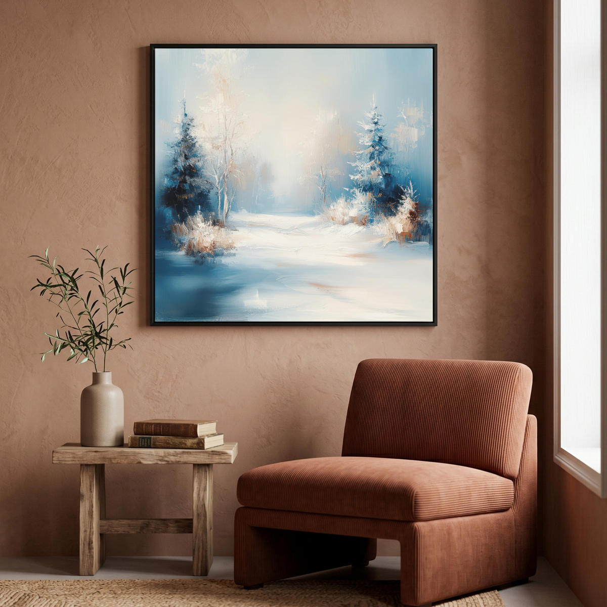 LEINWAND Bilder mit Rahmen - Wald – Winter – Natur – Abstrakt – Schnee - 90x90 - Weiß, Textil (90/90cm) - MuchoWow