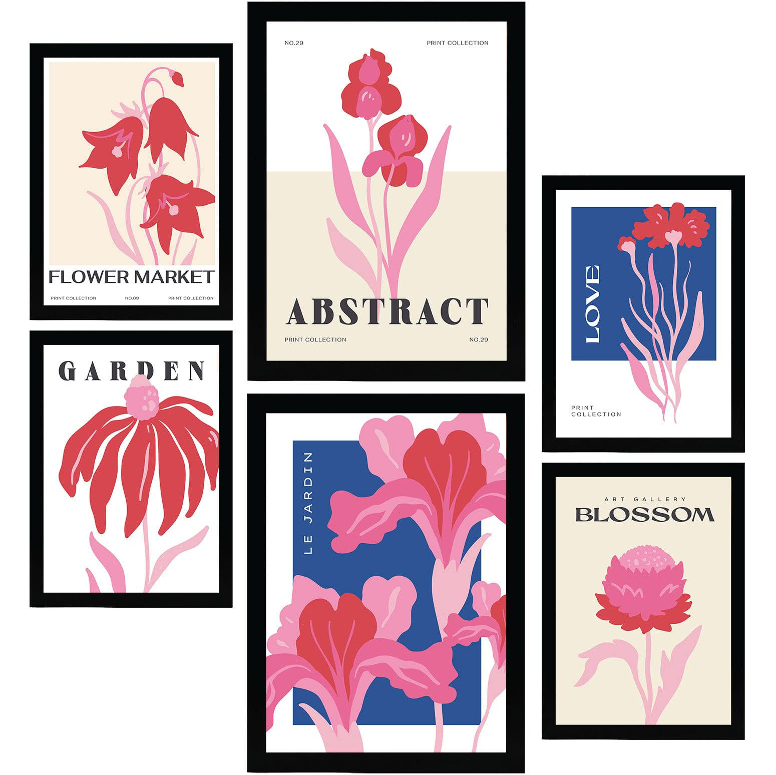 POSTER Set Mit 6 Blumen Hof Natur Und Botanikdrucke Für Innenarchitektur A3 & A4 Schwarzer Rahmen - Schwarz, Papier (29/3cm) - Nacnic