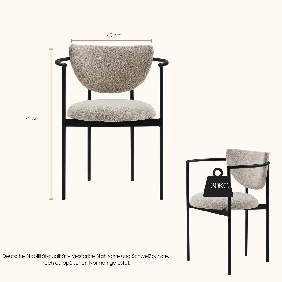 ARMLEHNSTUHL-SET DE-36862 2 Stück mit Stoffbezug Creme - Beige/Schwarz, Metall (60/56/78cm) - ComfortXL