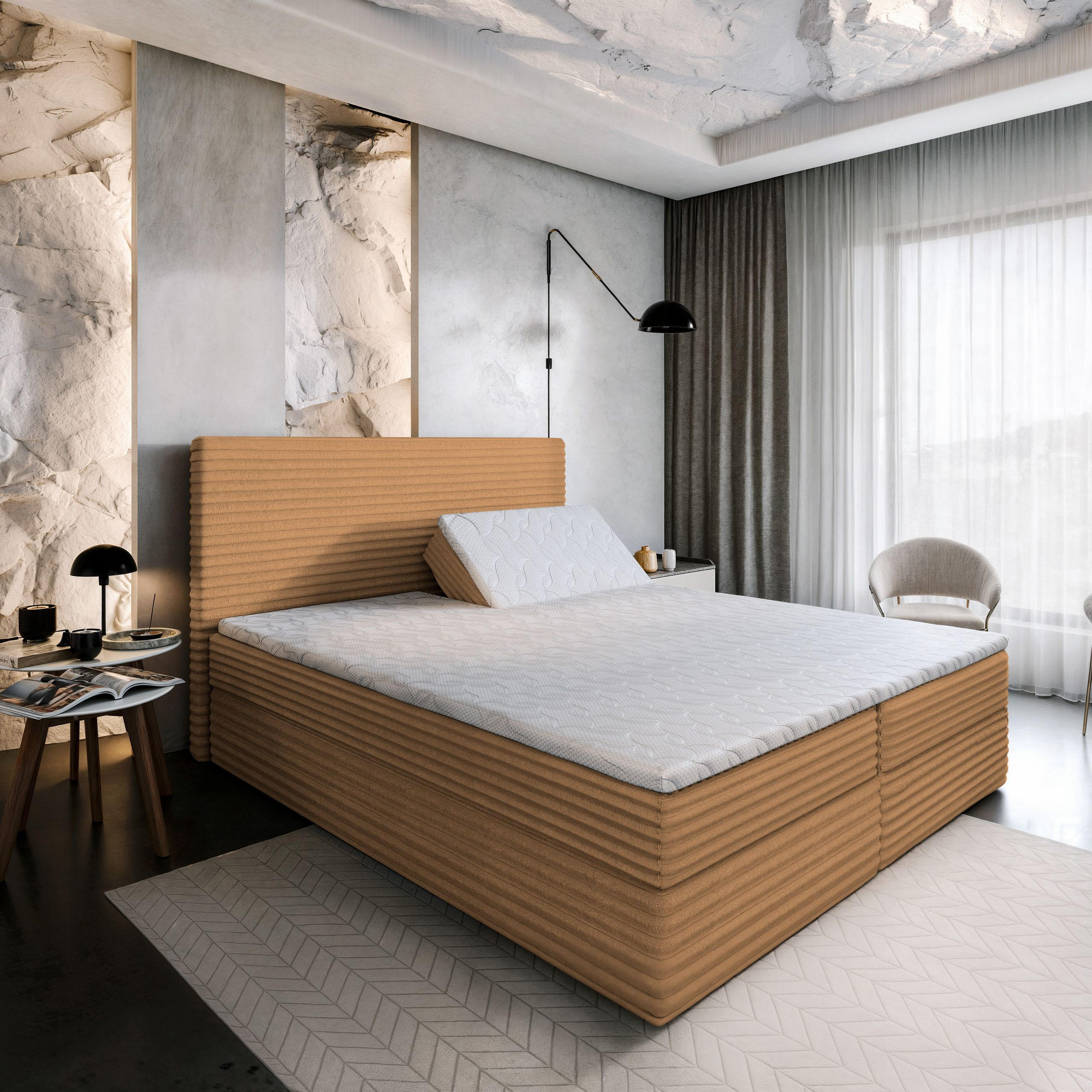 BOXBETT MILARA 180x200 cm mit Matratze und Topper - Braun - Braun, Holz (180/200cm) - MASSENO