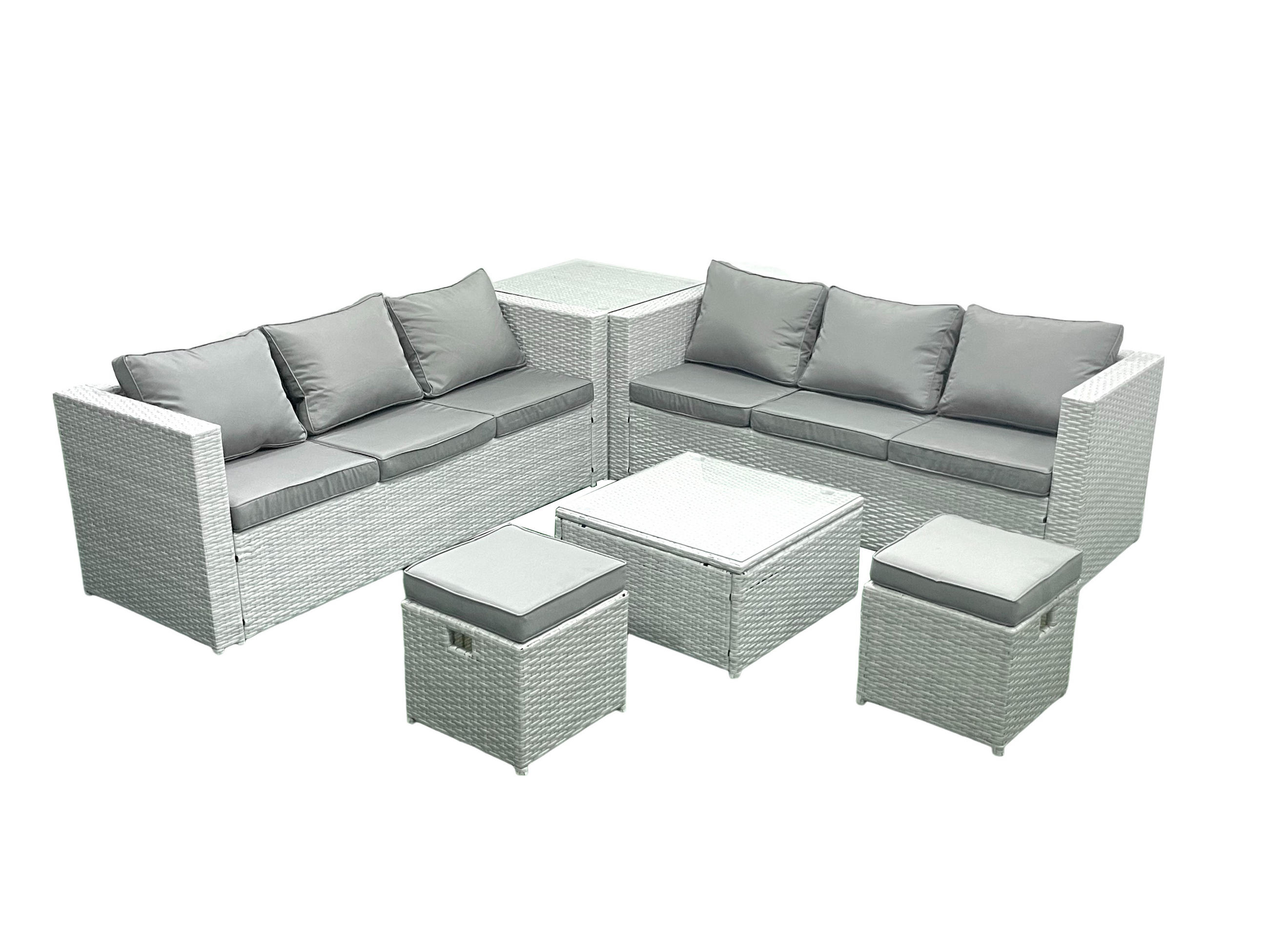 GARTENMÖBEL-SET mit Kissen Polyrattan Hellgrau-Mix 8-Sitzer - Hellgrau/Grau, Glas/Kunststoff - Fimous