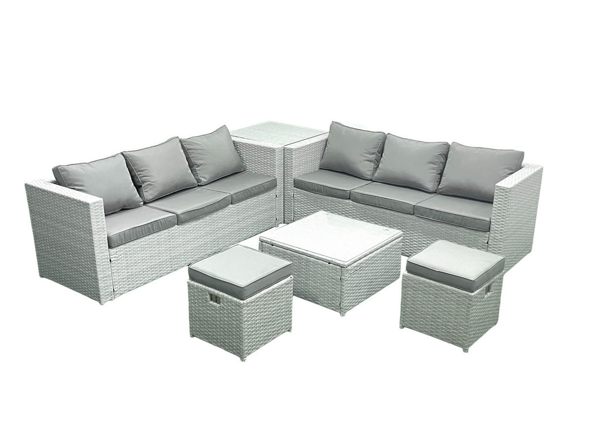 GARTENMÖBEL-SET mit Kissen Polyrattan Hellgrau-Mix 8-Sitzer - Hellgrau/Grau, Glas/Kunststoff - Fimous