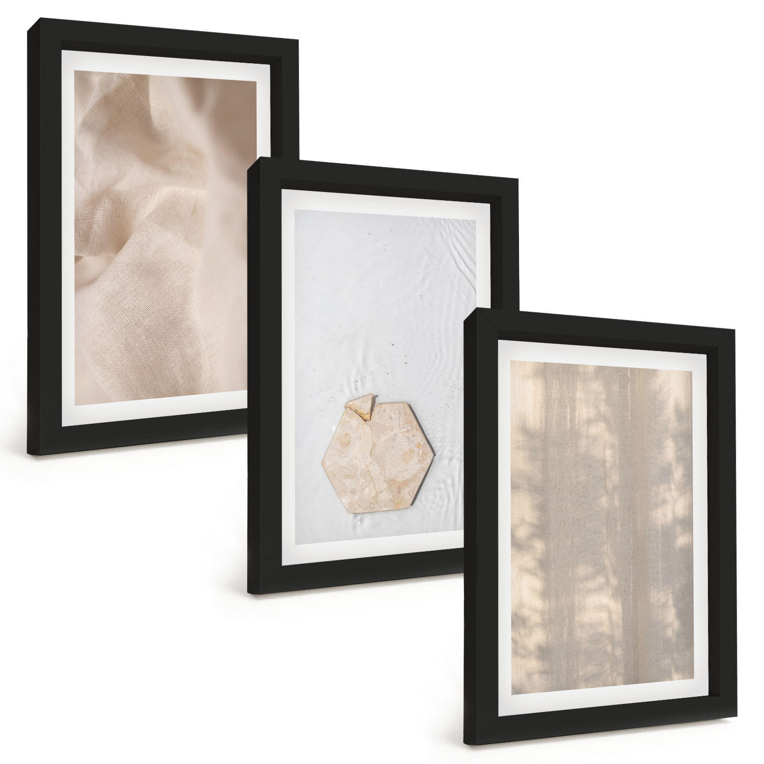BILDER SET 3er Set - 20x30 cm Schwarzer Rahmen - Subtile Texturen, Boho-Natur - Schwarz, Kunststoff (20/30cm) - TULUP
