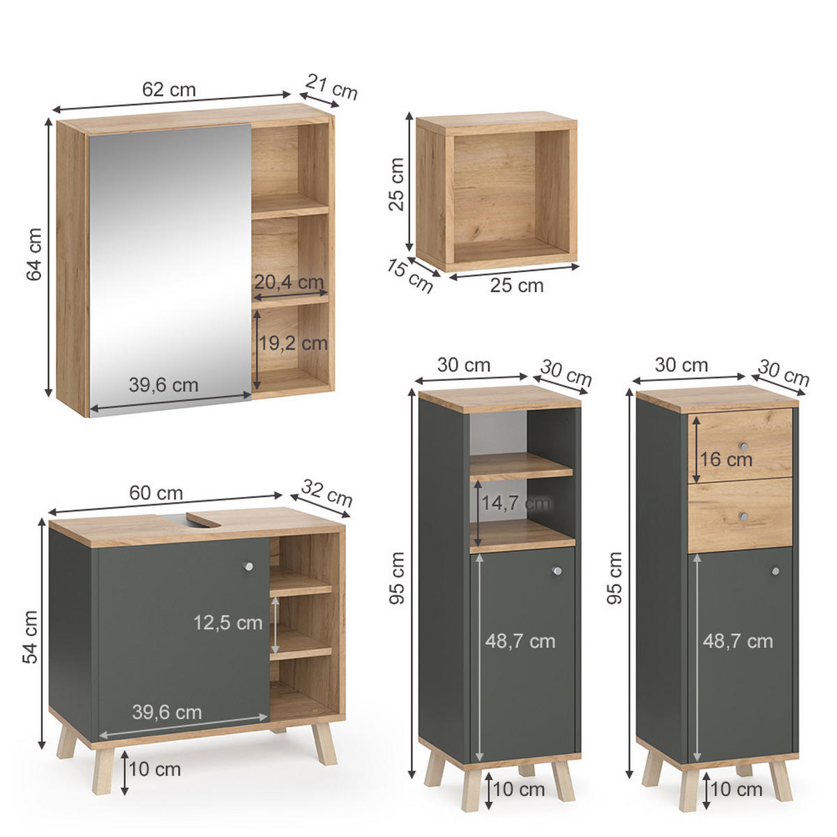 BADMÖBEL-SET Senyo Anthrazit 5 Teile, mit Regalen - Honigeiche/Anthrazit, Holzwerkstoff (62/54/32cm) - Vicco