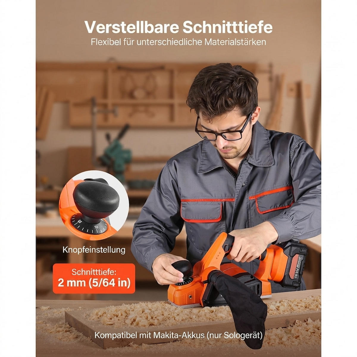 HOBEL Akku-Hobel 82mm 15000U/min Bürstenloser-Motor 18V-Kompatibel Einstellbar - Orange, Metall (10/10/10cm) - Raelunyi